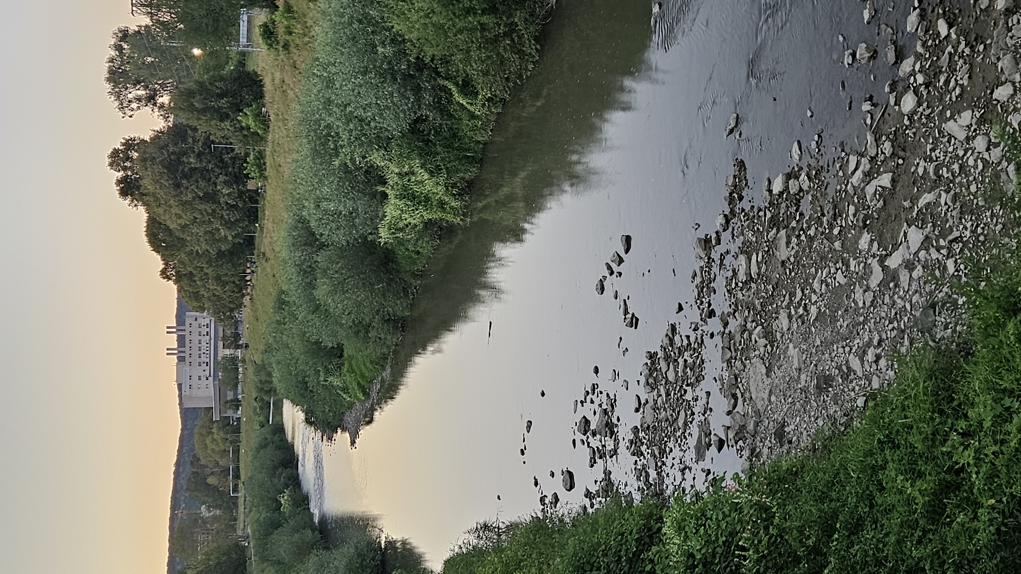 The image captures a view of the Sekčov River in Prešov, Slovakia, during what appears to be late afternoon or early evening. The river flows through a green, vegetated area with trees and bushes lining its banks. On the left bank, there is a densely vegetated area of green bushes and some taller plants with small white flowers. The river itself has a rocky bed visible in some areas, with stones scattered along the shallow parts.
In the background, a large, light-colored building with multiple vertical elements, resembling chimneys or ventilation shafts, stands prominently. This building is situated amidst a line of trees, and further in the distance, rolling hills are visible under a pale, overcast sky with a hint of yellow at the horizon, suggesting a sunset. The overall scene is serene and natural, with the man-made structure integrated into the landscape. There are no discernible people or animals in the image.