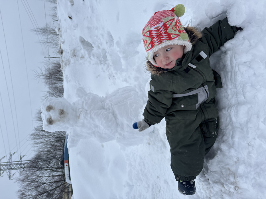 A young child, likely a toddler, is depicted outdoors in a snow-covered environment. The image is oriented vertically, showing the child standing in thick snow to the right, looking left towards a small snowman.
The child is warmly dressed in a puffy, dark olive-green winter snowsuit with reflective grey strips on the chest and legs. They wear a colorful knit hat with a red brim, a white and red patterned body featuring geometric shapes, and a light green pom-pom on top. A fluffy, light brown fur trim is visible around the hood of their snowsuit. The child also wears light grey mittens, with one visible mitten having a blue fingertip. Their face is round with rosy cheeks, and they have a curious or contemplative expression as they gaze to their left.
To the left of the child stands a small, crudely built snowman. It appears to be made from packed snow, with a distinct head and body. Its face features three small, dark brown spots, likely dirt or pebbles, forming simple eyes and a mouth.
The ground is entirely covered in uneven white snow, suggesting a fresh snowfall or an accumulation from previous days. In the background, on the far left, several bare, dormant trees are visible, along with what appears to be a power line tower or utility pole with lines stretching across the muted, overcast sky. The sky is a uniform light grey, indicating an overcast winter day. A glimpse of a dark object, possibly part of a vehicle, can be seen behind the snowman on the left. The scene conveys a moment of winter play. No text is visible in the image.