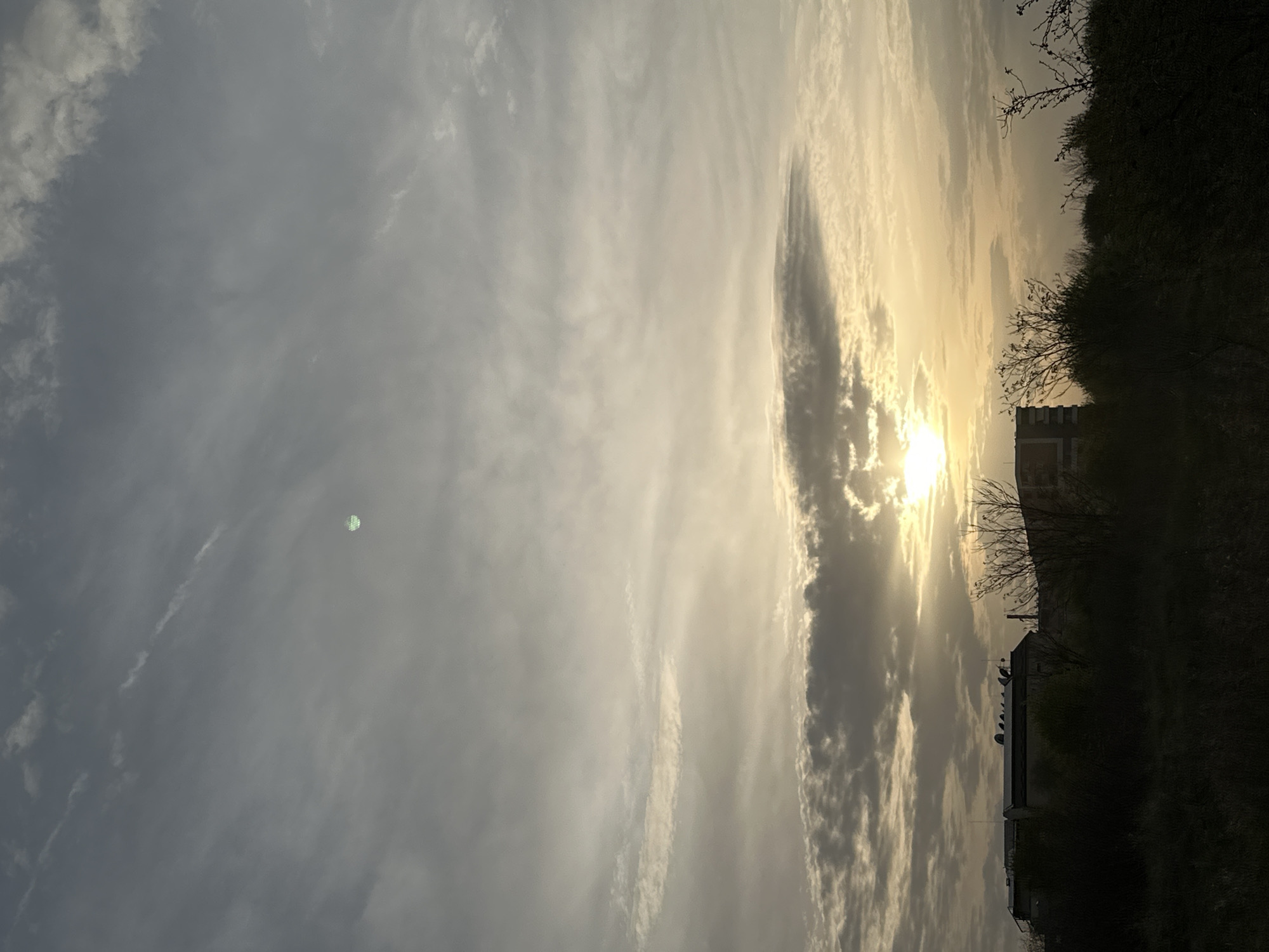 The image captures a dramatic and serene landscape at either sunrise or sunset over Sofia, Bulgaria. The sky dominates the majority of the frame, filled with a diverse array of clouds ranging from wispy and translucent to dense and dark. The sun, a brilliant and intense light source, is positioned towards the right side of the image, partially obscured by a thick, elongated cloud formation that creates a striking glow and visible rays of light. The interplay of light and shadow across the clouds gives them varying shades of grey and golden yellow.
Along the bottom of the image, a dark silhouette of trees and buildings forms the horizon line. The trees, with their bare branches, suggest a late autumn or winter season. On the right, a multi-story building with visible window patterns is silhouetted against the bright sky. Further to the left along the horizon, several satellite dishes can be seen on a rooftop, indicating an urban or suburban setting.
A small, distinct green circular artifact, characteristic of a lens flare, is visible in the upper-left portion of the sky. The overall atmosphere conveyed is one of quiet contemplation, marked by the powerful natural light and the contrasting silhouettes.
There is no visible text in the image.