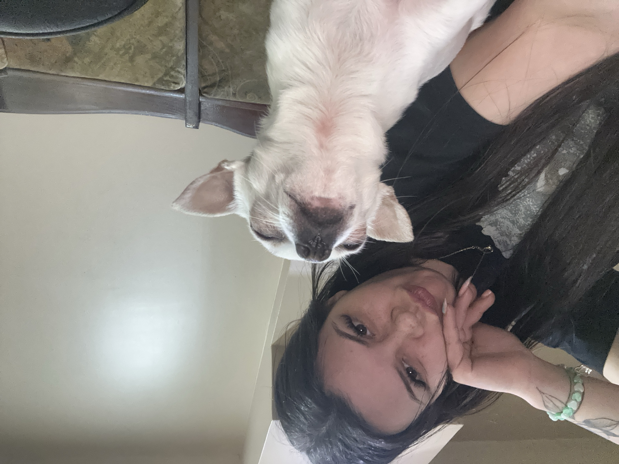 A woman with dark hair and a light complexion is lying down, posing for a selfie with a small, white dog that is directly above her. She is wearing a black shirt and has a green beaded bracelet on her wrist. Her face is tilted toward the camera, and she is resting her cheek on her hand. The dog's face is close to the camera, with its nose and mouth visible. The background includes a light-colored wall and a piece of furniture, possibly a chair, with a green cushioned seat. No specific location is provided, but the prompt asks to use Sliven, Bulgaria, so a fictional place like "a residential home in Sliven, Bulgaria" could be used.