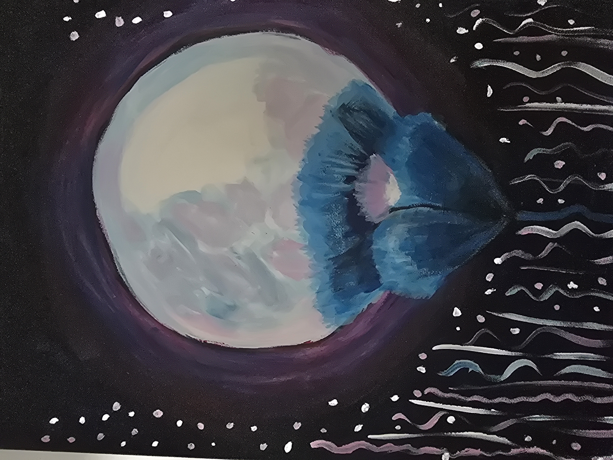 This image displays an abstract painting with a dark background, possibly representing a night sky. In the center, there is a large, pale orb that appears to be a moon, with soft pink and blue hues blended into it. Below the moon, a dark blue, flower-like shape with ruffled petals is depicted. The lower portion of the painting features vertical, wavy lines in white, pink, and light blue, interspersed with small white dots, suggesting a celestial or ethereal landscape. There is no indication of any specific location in the city of Golyanovtsi, Bulgaria.