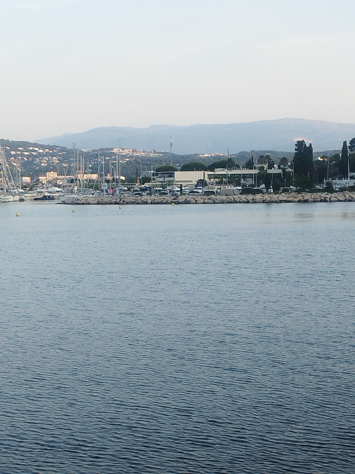 The image depicts a view of the sea with a harbor in the background, likely in Antibes, France. The water is calm and reflects the light from the sky. In the background, numerous sailboats are docked in a marina. Beyond the marina, buildings are visible on a hillside, suggesting a coastal town. The sky is clear and light, hinting at either early morning or late afternoon. The overall scene is serene and suggests a typical harbor environment.
