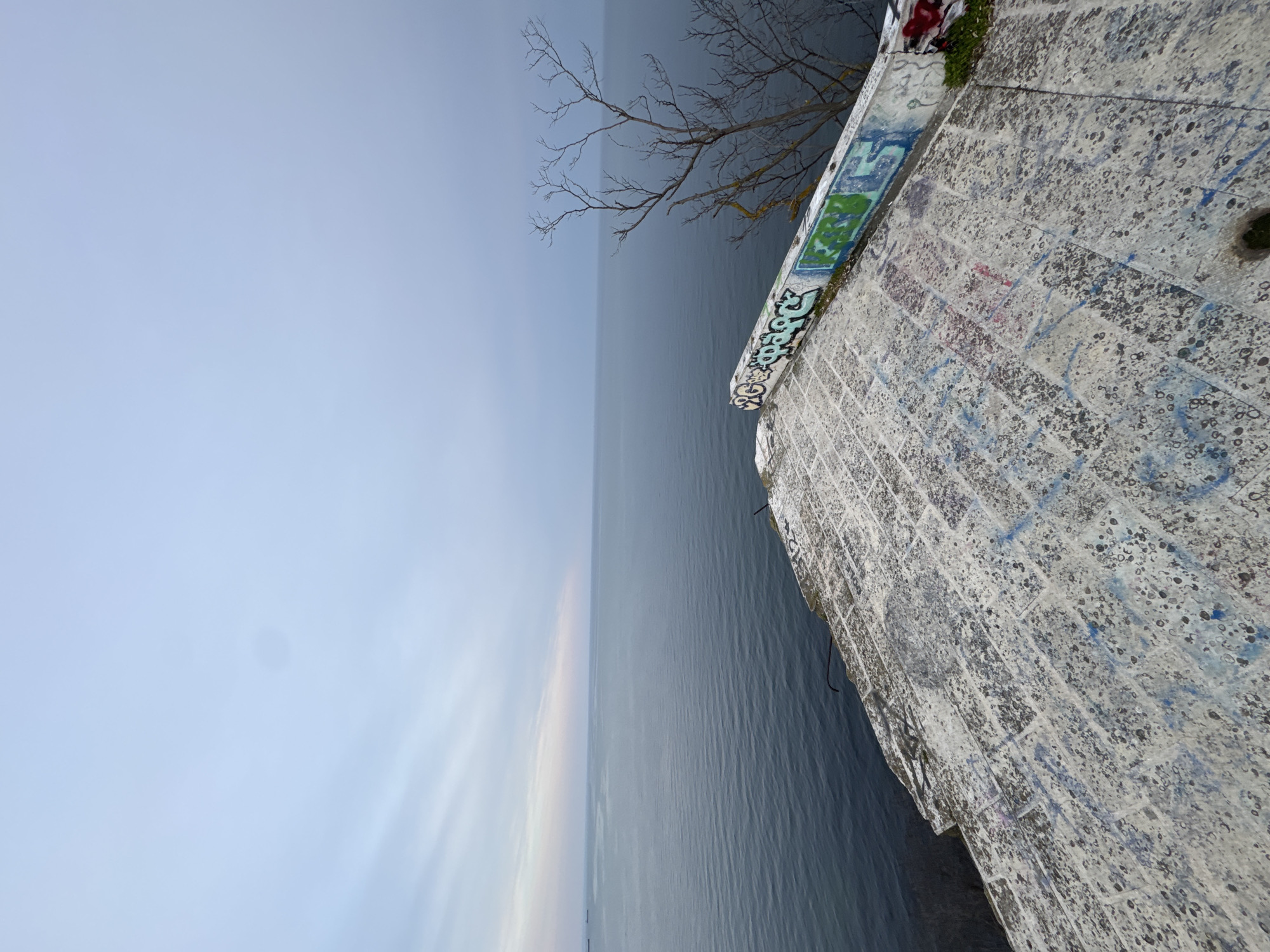 The image shows a concrete structure with graffiti on its side, adjacent to the sea. A bare tree branch extends from the structure. The scene is located in Varna, Bulgaria. The sky is overcast.