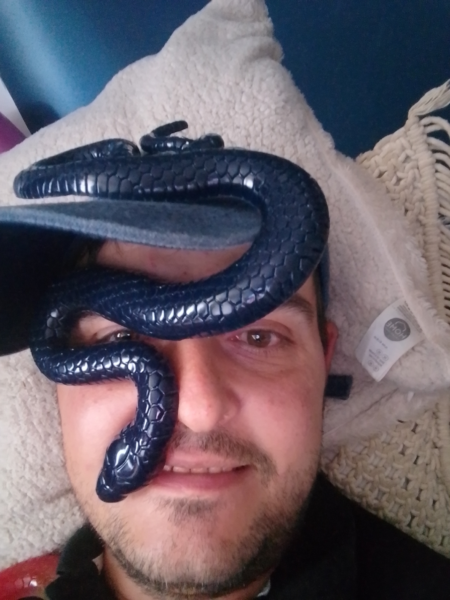 A person is lying down with a dark blue rubber snake wrapped around their head, covering their nose and mouth and resting on their forehead and cheek. The person's eyes are visible, and they appear to be looking at the camera. The person has light brown skin, brown eyes, and stubble on their chin. They are wearing a black shirt. The background consists of a textured white blanket or pillow, a dark blue surface, and a cream-colored knitted fabric with a fringed edge. A label with the word "HOME" is attached to the cream-colored fabric. The scene appears to be indoors, possibly on a bed or sofa. There is no information available to place this image in the city of Wedel, Germany.