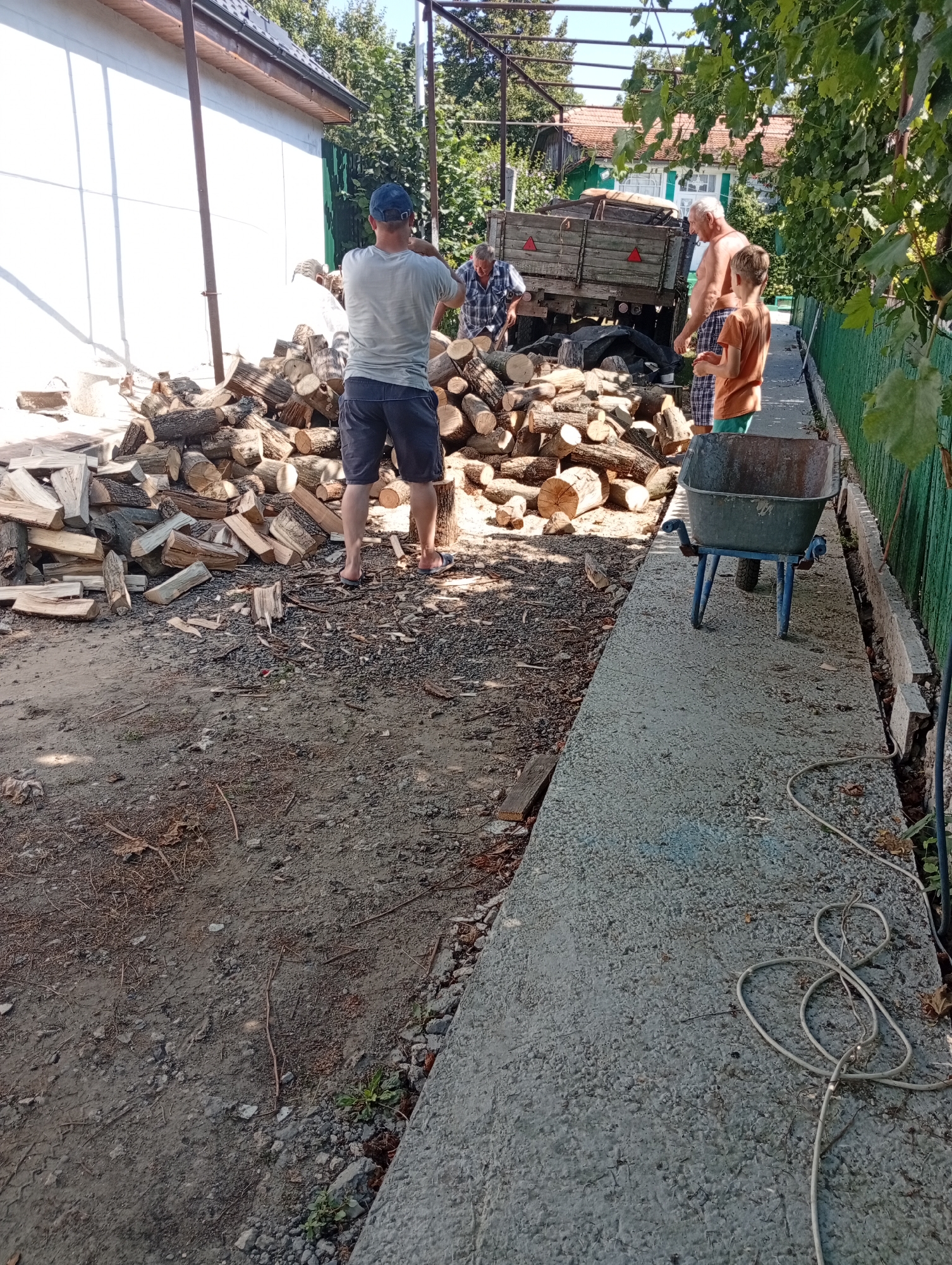 The image shows a group of people working with firewood in Pănășești, Moldova. In the foreground, a large pile of cut logs is visible. A man wearing a blue cap and shorts is standing in front of the woodpile, facing away from the camera. To the right, a wheelbarrow with blue legs and a dark basin is positioned on a concrete path. Further back, a trailer with a wooden frame is parked, and several men are standing near it, some appearing to be engaged in moving or organizing the firewood. A young boy in an orange shirt is also present. The environment is outdoors, with a building visible in the background and trees providing shade. The ground is a mix of dirt and gravel.