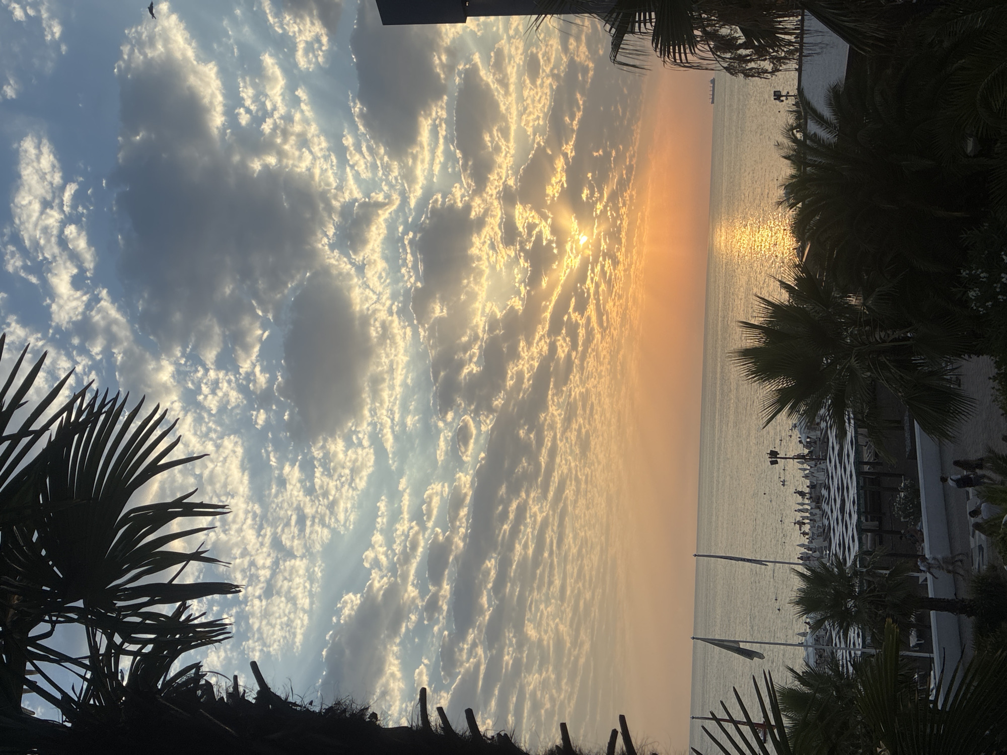 The image captures a sunset scene at a beach in Sochi, Russia, framed by the silhouetted fronds of palm trees on the left and right. The sun is setting over the Black Sea, casting a golden glow on the water and illuminating the scattered, puffy clouds in the sky. Rays of sunlight pierce through the clouds, creating a dramatic effect. In the foreground, beach umbrellas and lounge chairs are visible, suggesting a public beach with people enjoying the late afternoon or early evening. Some individuals can be seen walking on the beach or near the water. A few flags stand near the beach umbrellas. Further out on the sea, a cargo ship is visible on the horizon. The overall atmosphere is serene and picturesque, typical of a coastal resort town.
