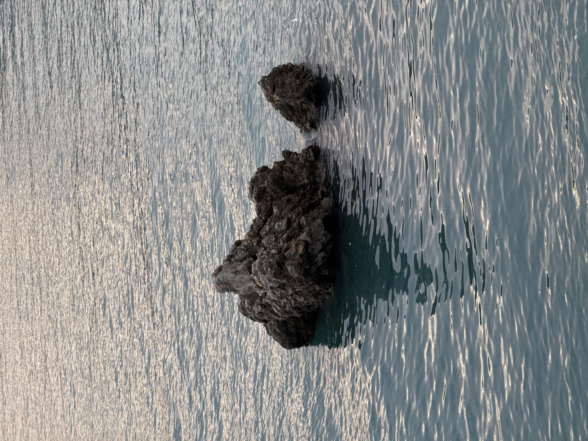 This vertically oriented image captures a serene coastal scene in Budva, Montenegro, featuring two dark, rugged rocks partially submerged in a body of water. The larger, more prominent rock is positioned towards the bottom-center of the frame, with a smaller rock visible further back and slightly to its right. Both rocks exhibit rough, craggy textures, characteristic of natural stone.
The surrounding water is calm, covered in numerous small ripples that create a mesmerizing pattern across the surface. These ripples intensely reflect what appears to be sunlight, forming elongated, shimmering streaks that run vertically throughout the image. The reflections are particularly bright on the left side, suggesting the sun is low in the sky, either in the early morning or late afternoon, casting a soft, glinting light across the water. The water itself is a cool, subdued blue-grey, contrasting with the dark forms of the rocks and the brighter reflections.
The scene conveys a sense of peaceful natural beauty with no human activity or visible text. The calm water and the way the light plays on its surface evoke a tranquil and contemplative atmosphere, highlighting the rugged charm of Montenegro's coastline.