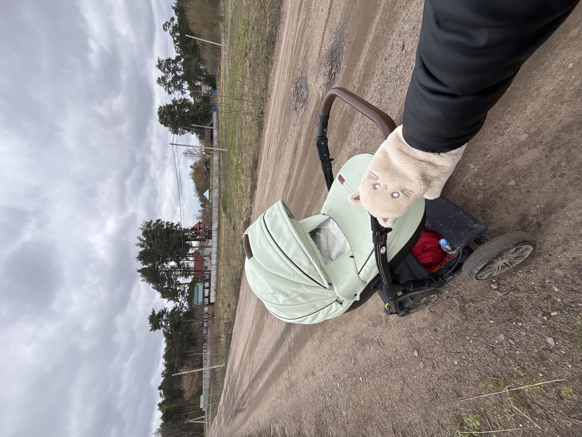 The image shows a stroller on a dirt road in Razdolye, Russia. The stroller is light green with a brown handle, and there's a white mitten with a cat design on the handle. The person holding the stroller is wearing a black coat. In the background, there are trees, houses, and a cloudy sky. The road is rough and unpaved.