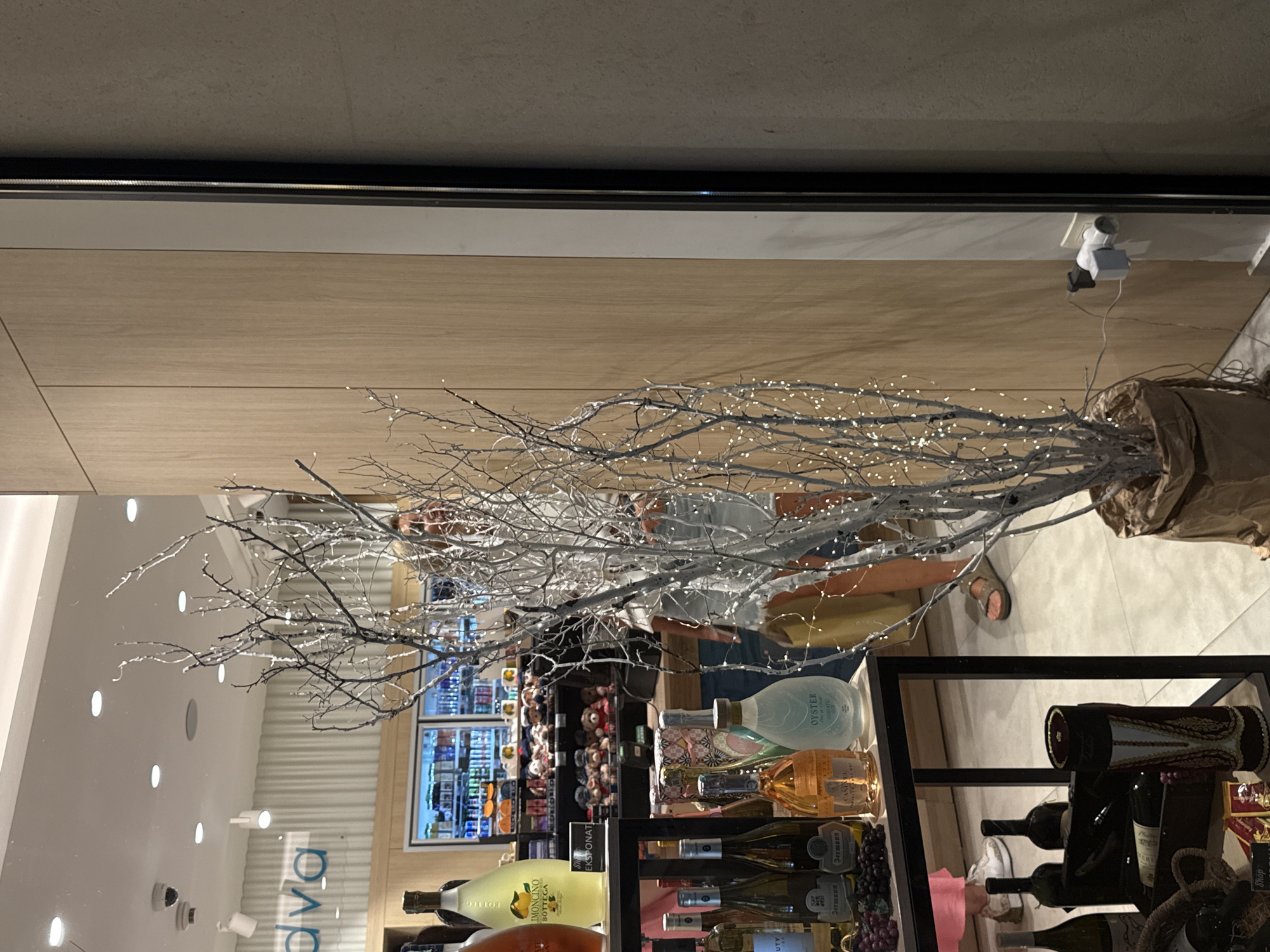The image shows a display window of a shop in Budva, Montenegro. In the foreground, a bare white tree decorated with small lights stands in a brown paper bag. To the left, a black metal shelf holds various bottles of wine and spirits, as well as decorative grapes. Behind the shelf, a person wearing a white shirt and denim shorts is partially visible, along with a shopping bag. The background reveals a brightly lit store interior with refrigerators stocked with drinks and shelves displaying products and teddy bears. The overall scene suggests a retail environment, possibly a duty-free shop or a liquor store, decorated for a festive occasion.
