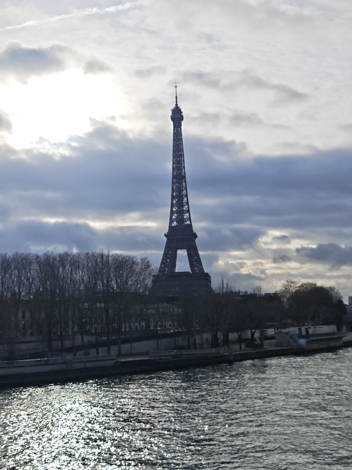 The image depicts the Eiffel Tower in Paris, France, viewed from across the Seine River under an overcast sky. The iconic iron lattice tower stands prominently in the mid-ground, silhouetted against a cloudy sky with a bright, luminous patch in the upper left quadrant, indicating the position of the sun.
In the foreground, the surface of the Seine River occupies the lower third of the frame, showing ripples and numerous bright glints of sunlight reflecting off the water. The riverbank immediately beyond the water features a concrete embankment. Along the left bank, a dense line of tall, bare deciduous trees runs parallel to the river, with glimpses of traditional Parisian buildings visible behind them. On the right bank, fewer bare trees are present, and indistinct structures, possibly temporary installations or docked barges, are visible near the water's edge.
No individuals are discernible within the frame. The overall color palette is dominated by muted grays and dark tones, characteristic of overcast conditions and backlighting, contrasted by the bright reflections on the water.