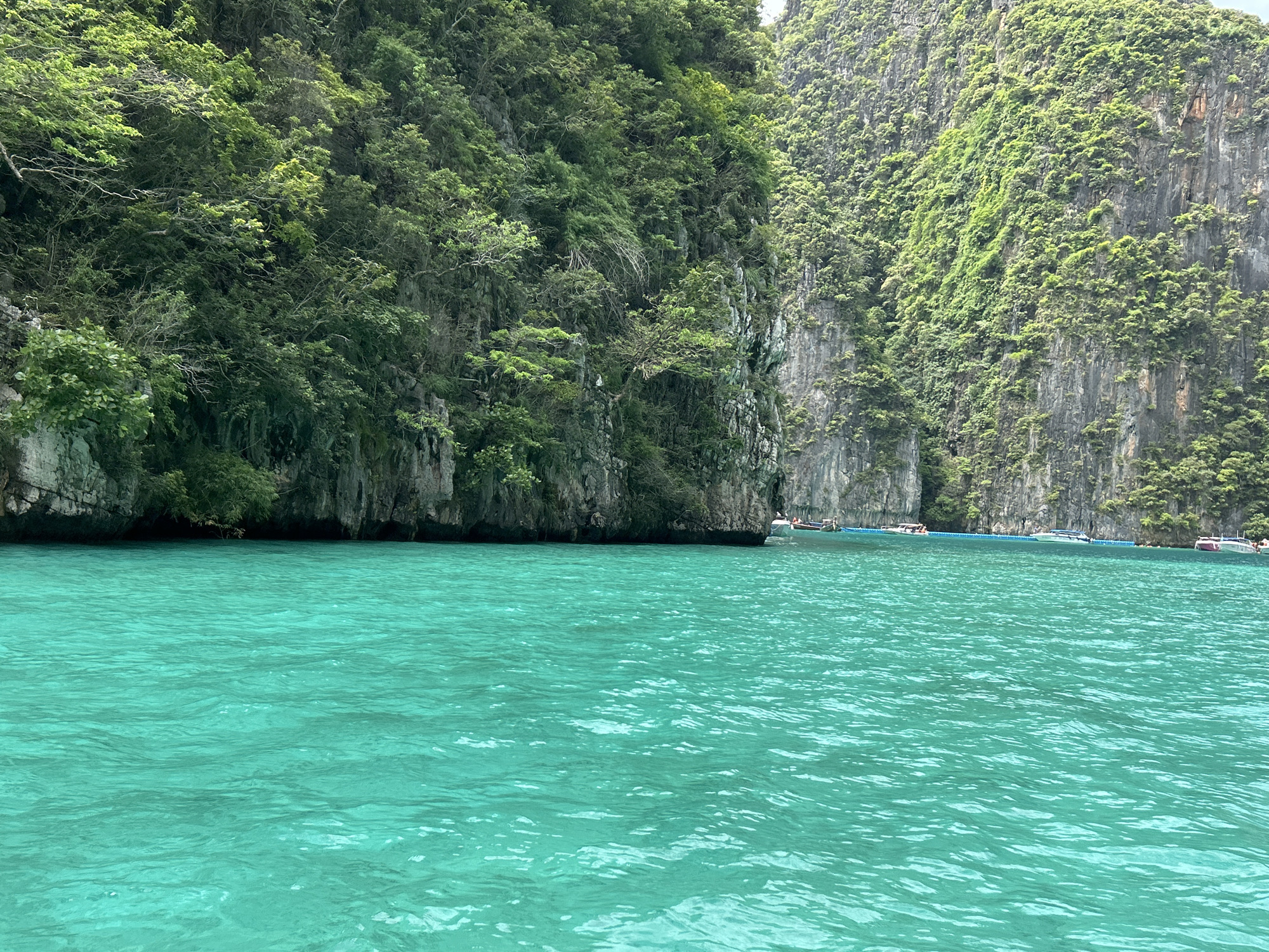 The image depicts a serene natural landscape of towering limestone cliffs densely covered in lush green foliage, juxtaposed against the calm, turquoise waters of the ocean. The cliffs rise dramatically from the water's edge, with their rugged surfaces partially obscured by vibrant vegetation, creating a sense of untouched wilderness. The water exhibits a striking emerald hue, its surface rippled by gentle movements, reflecting the overcast sky and the surrounding greenery. In the distance, several small boats are visible, moored near the base of the cliffs, suggesting a popular tourist destination. The overall scene evokes a sense of tranquility and natural beauty, characteristic of tropical coastal regions. While the prompt mentions Haad Yao, Thailand, the image itself does not provide explicit identifiers of this specific location, beyond its general depiction of a tropical seascape.