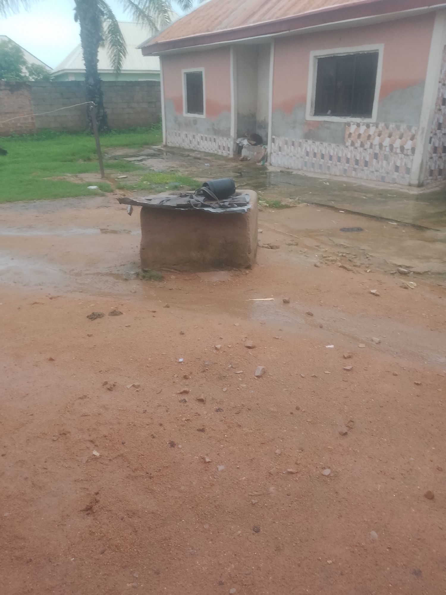 The image depicts an outdoor scene in Jauro Yinu, Nigeria, characterized by wet, reddish-brown soil. In the foreground, the ground is covered in mud and scattered pebbles, indicating recent rainfall. A well-like structure made of mud or concrete stands prominently in the center, partially covered by what appears to be a tarp or corrugated metal sheeting. A dark, cylindrical object, possibly a bucket or container, rests on top of this structure.
To the right of the well, a light pink building with a corrugated iron roof is visible. The building features a window with dark panes and a decorative tile border near the ground. The wall of the building exhibits patches of unfinished plaster. Adjacent to this building, a section of a similar structure or wall can be seen.
In the background, a green, grassy area is present, bordering a low, grey brick wall. A tall, slender palm tree with fronds partially obscures the sky, which appears overcast. The overall environment suggests a rural or semi-urban setting, likely experiencing monsoon season given the wet ground. No people are visible in the scene.