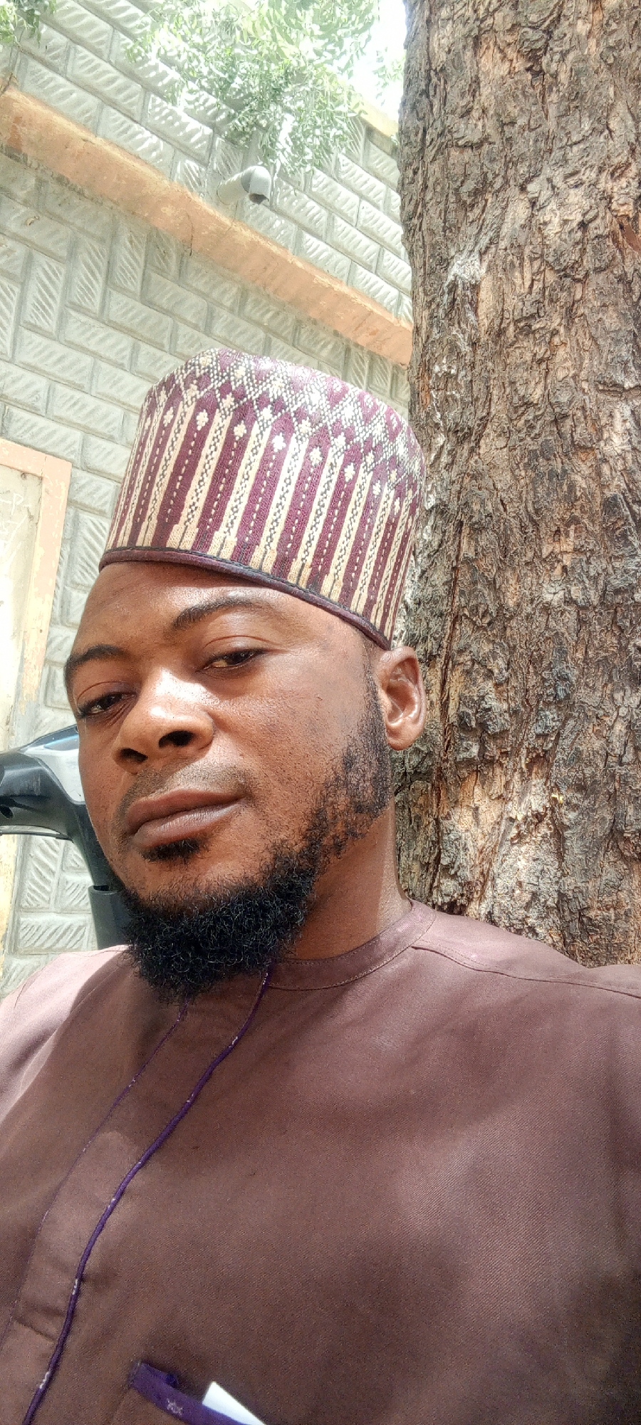 A medium shot captures a man of African descent, with a closely cropped beard, wearing a traditional hat and a brown robe with purple trim. He appears to be leaning against a tree with textured bark. Behind him, a wall made of gray bricks is visible, and green foliage peeks from above. A security camera is mounted on the wall, indicating the location. The scene is outdoors in Gawuna, Nigeria, as indicated by the prompt.