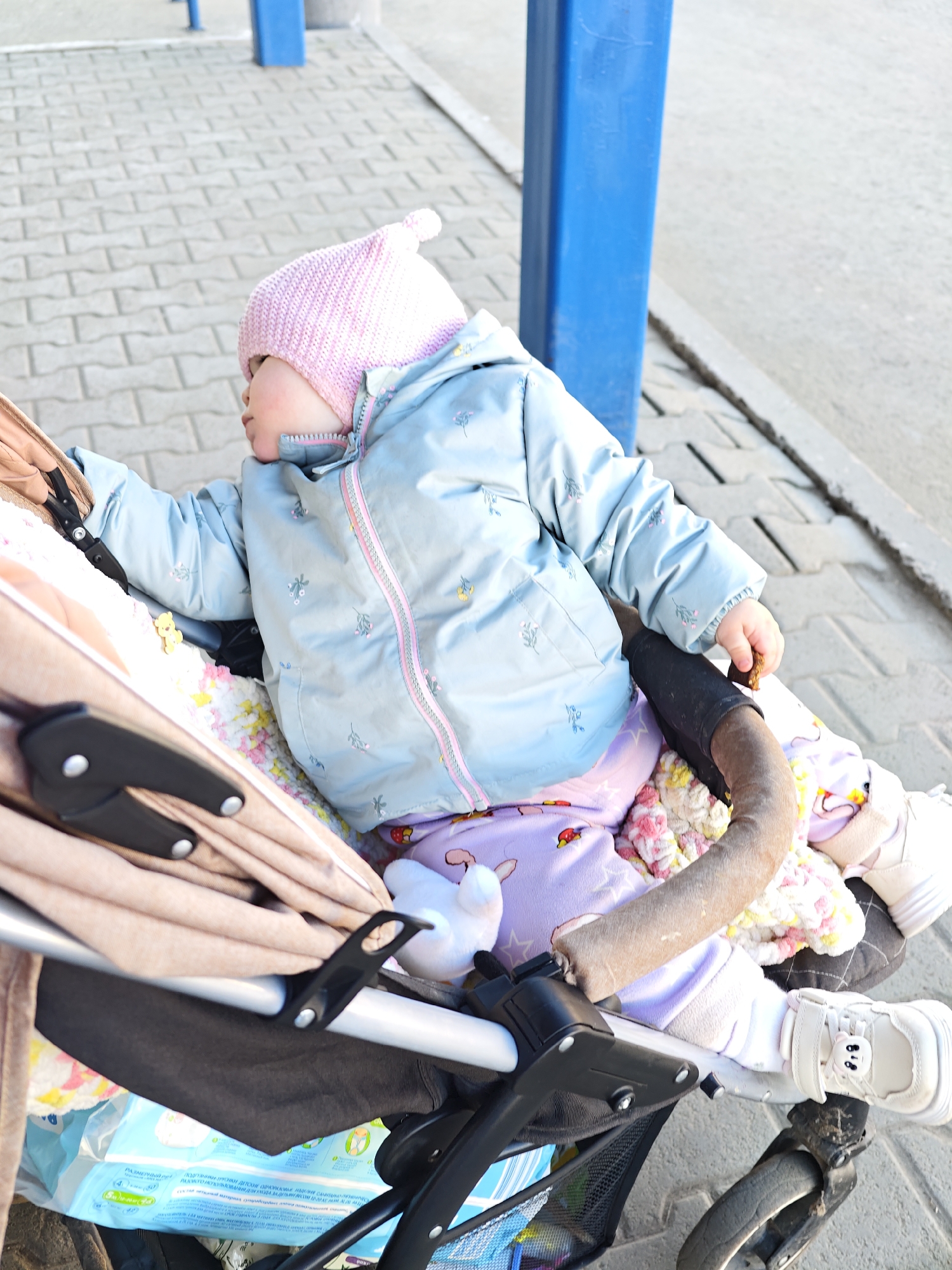 A baby is sitting in a stroller on a paved walkway in Chaikovsky, Russia. The baby is wearing a light blue jacket with floral accents, a pink knit hat, and purple pants. The stroller is beige and black with a white stuffed animal. A blue pole is visible in the background. There are disposable diapers in the stroller storage basket.