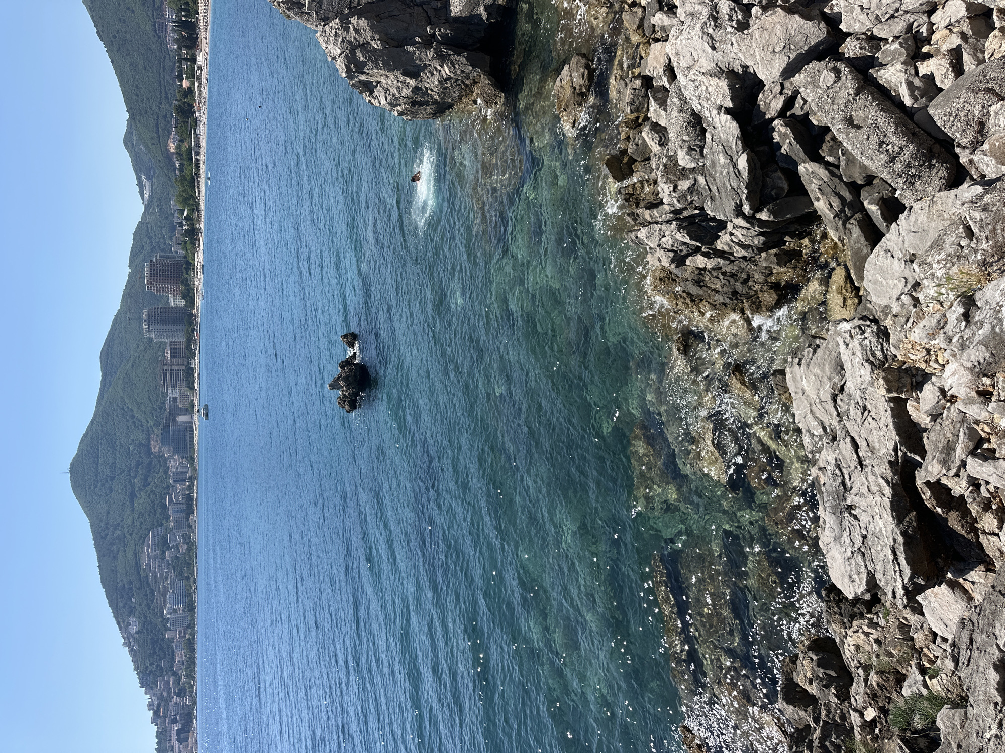 A scenic view captures the coastline of Budva, Montenegro. The Adriatic Sea fills the majority of the frame, with clear turquoise waters adjacent to rocky cliffs. A diver is visible in the water, creating a splash, indicating a recent jump. The right side of the image features a jagged, gray rock formation extending into the sea. In the distance, buildings and hills line the coast, suggesting urban development along the mountainous terrain. The lighting suggests a clear, sunny day.