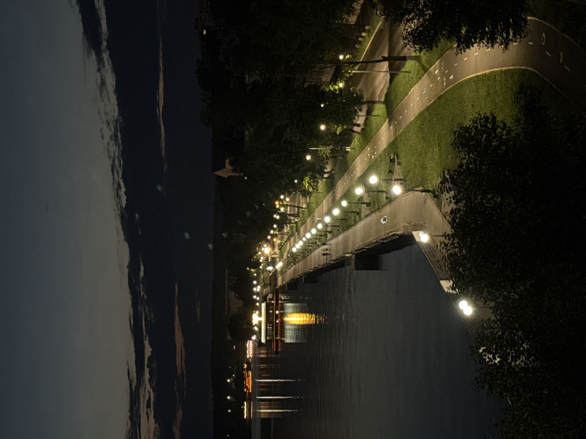 This image captures a nighttime view of the embankment in Votkinsk, Russia. The scene is illuminated by numerous streetlights that line a paved walkway and a separate bike path that curves through a grassy area. On the left side of the embankment, a wide body of water reflects the lights of several boats, including a prominent one with a bright yellow-orange illumination. The water appears calm, with gentle ripples disturbing the reflections.
Several individuals are visible walking along the embankment walkway, appearing as small, silhouetted figures. Trees with dense foliage border the bike path and walkway, casting shadows and adding to the nighttime ambiance. In the distance, beyond the trees, hints of buildings and structures can be discerned, partially obscured by darkness. The sky above is a dark, dusky blue, with some wispy, dark clouds present near the horizon. The overall impression is of a serene and well-lit urban waterfront at night.