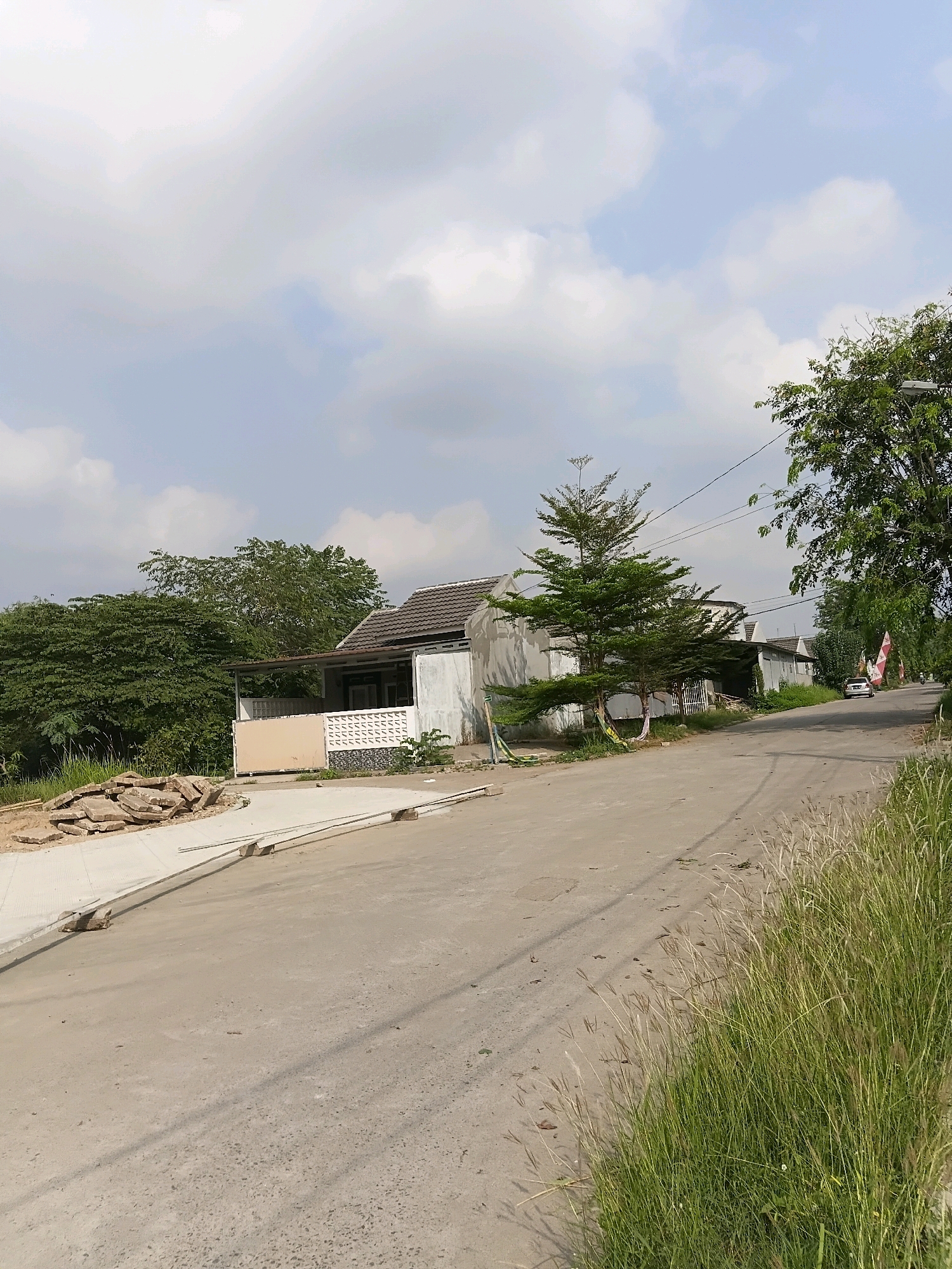 This is an outdoor, eye-level shot of a residential street in Cilegon, Indonesia, under a partly cloudy sky. The road, paved with asphalt, curves from the lower left to the upper right of the frame. To the left of the road, a sidewalk made of concrete is under construction, with a pile of flat, broken concrete slabs on the dirt next to it. Several thin wooden planks are laid across the sidewalk.
Further up the left side of the road, a white house with a brown roof is visible, featuring a covered porch with a beige fence in front. To the left of the house, a dense cluster of mature green trees forms a thick foliage line. A small, slender evergreen tree with distinctive branching stands between the house and the road.
On the right side of the road, tall, dry grasses with feathery seed heads grow abundantly. A mature tree with dark green leaves overhangs the road from the far right. In the background, several other houses with similar roofing are visible along the street. A white car is parked further down the road on the right. A light pole stands near the edge of the road on the right. Red and white Indonesian flags are attached to poles on the right side of the road, near the parked car. The overall impression is a developing residential area with ongoing construction.