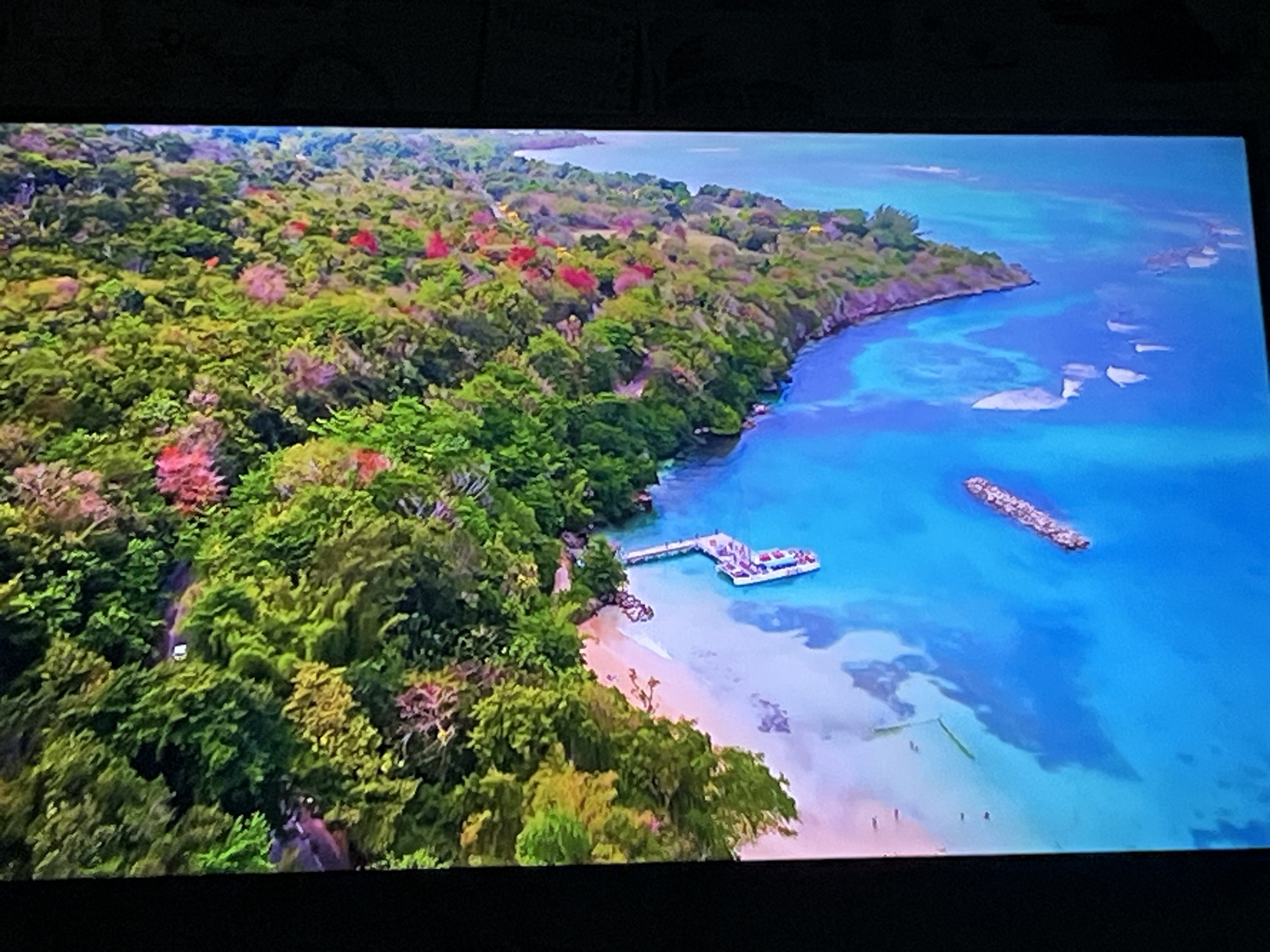 This is a high-angle aerial photograph of a tropical coastline. Lush green vegetation with scattered red and pink flowers covers the land, which curves along the edge of a bright blue ocean. The water is clear, revealing shallow areas with sandy bottoms and darker patches indicating deeper channels. A long pier extends from the shore into the water, with a white structure resembling a boat or floating platform docked at its end. Further out in the ocean, a long, narrow breakwater made of rocks is visible. The beach itself is light-colored and slopes gently towards the water. There are no discernible landmarks or buildings that would identify this location as being in Kharkiv, Ukraine.