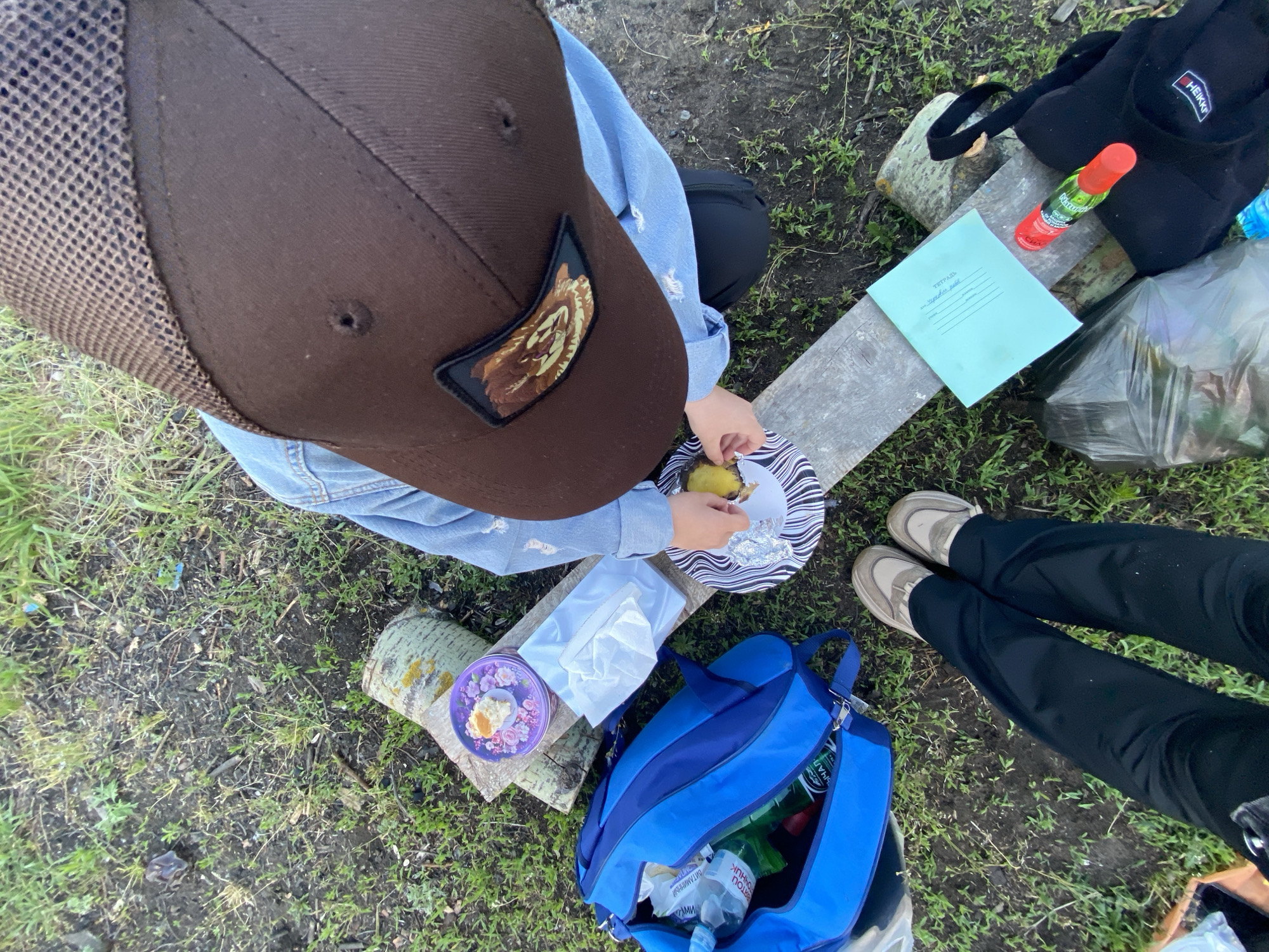 The image shows an outdoor picnic scene, possibly in a park or recreational area, in the city of Chaikovsky, Russia.
A person wearing a brown baseball cap with a bear patch and a denim jacket is sitting at a makeshift picnic table constructed from logs and a wooden plank. The person appears to be eating food from a paper plate.
Nearby, there is a blue and black backpack and a small dish with cake. A notebook, possibly for recording observations, and a tube of what appears to be insect repellent are also on the makeshift table.
Another person's legs, clad in black pants and beige sneakers, are visible, indicating a second person present at the scene.
The environment appears to be grassy, suggesting a natural setting.