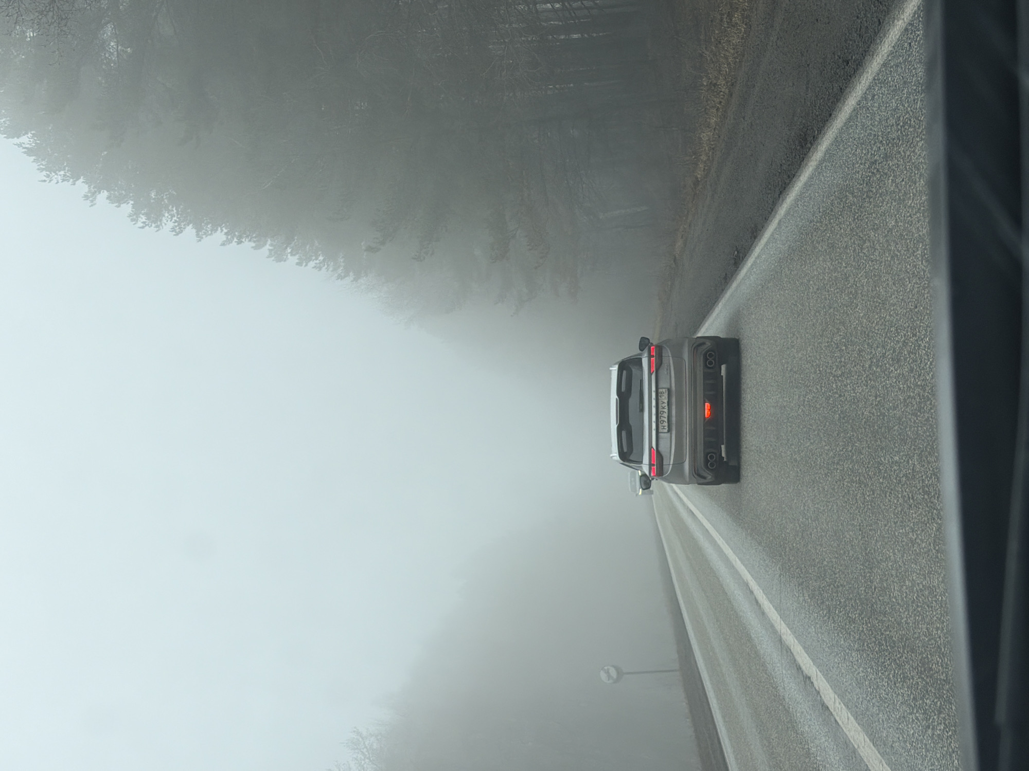 The image depicts a gray car with the license plate number H979KY 18, traveling on an asphalt road. Fog obscures the surroundings, with a line of trees visible on the left. The location is Iiul'skoe, Russia.