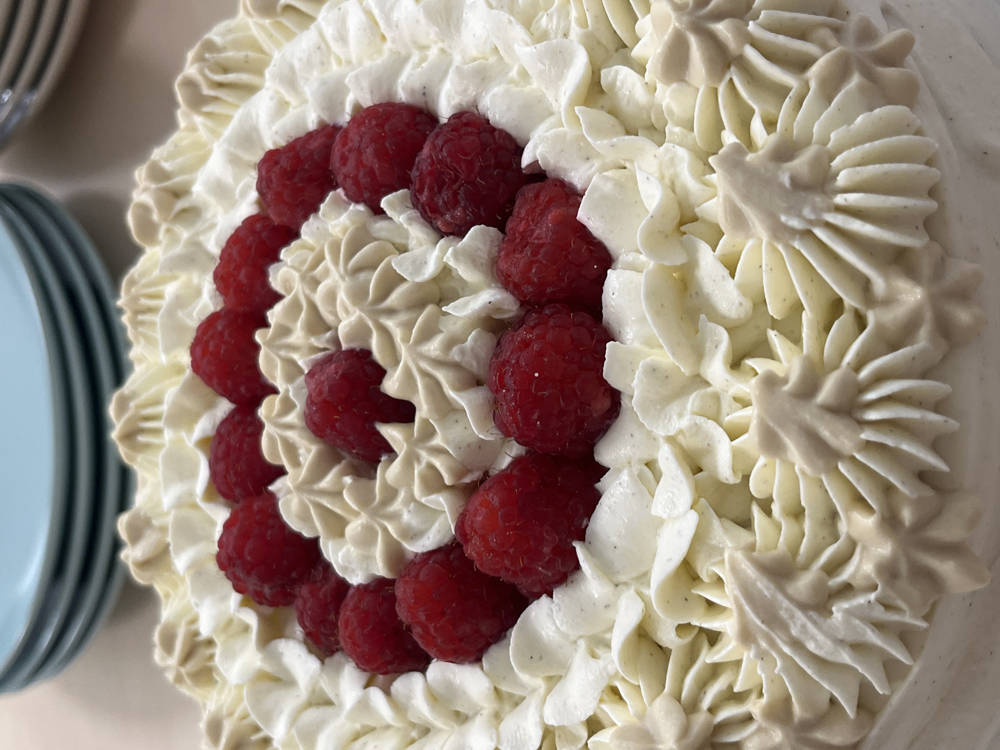 The image is a close-up, top-down view of a white cake decorated with swirls of white and tan frosting, and fresh raspberries. The cake appears to be on a countertop, with a stack of blue plates visible in the blurred background. The frosting is piped in intricate patterns, forming rosettes and waves. The raspberries are arranged in concentric circles on top of the frosting. The lighting is natural and bright, highlighting the textures of the cake and its decorations. There are no people or specific landmarks of Plovdiv, Bulgaria visible in the image.