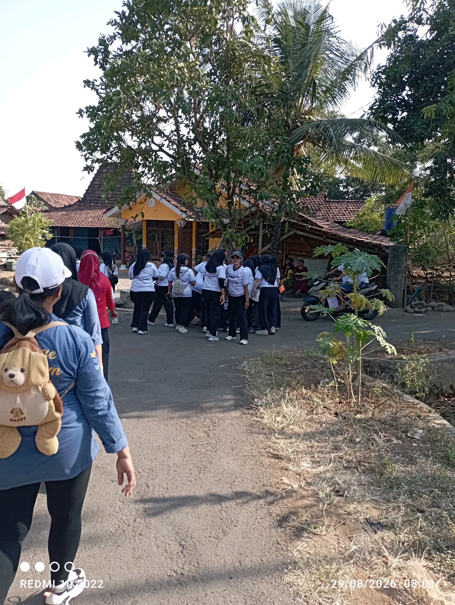 In the city of Dukuhseti, Indonesia, a group of individuals, predominantly young women, are observed on a paved road lined with dry grass and vegetation. Several wear matching white t-shirts with a blue logo and black pants, suggesting a group activity or uniform. One woman in the foreground faces away from the camera, wearing a blue t-shirt with a stuffed animal attached to her back and a white baseball cap. The background features traditional Indonesian houses with tiled roofs, some painted yellow, and lush green trees, including a prominent coconut palm. Indonesian flags are visible on poles. A motorcycle is present on the road, with a person riding it. The scene is set during the day, indicated by the sunlight casting shadows. The timestamp "29/08/2026 08:01" is superimposed on the image.