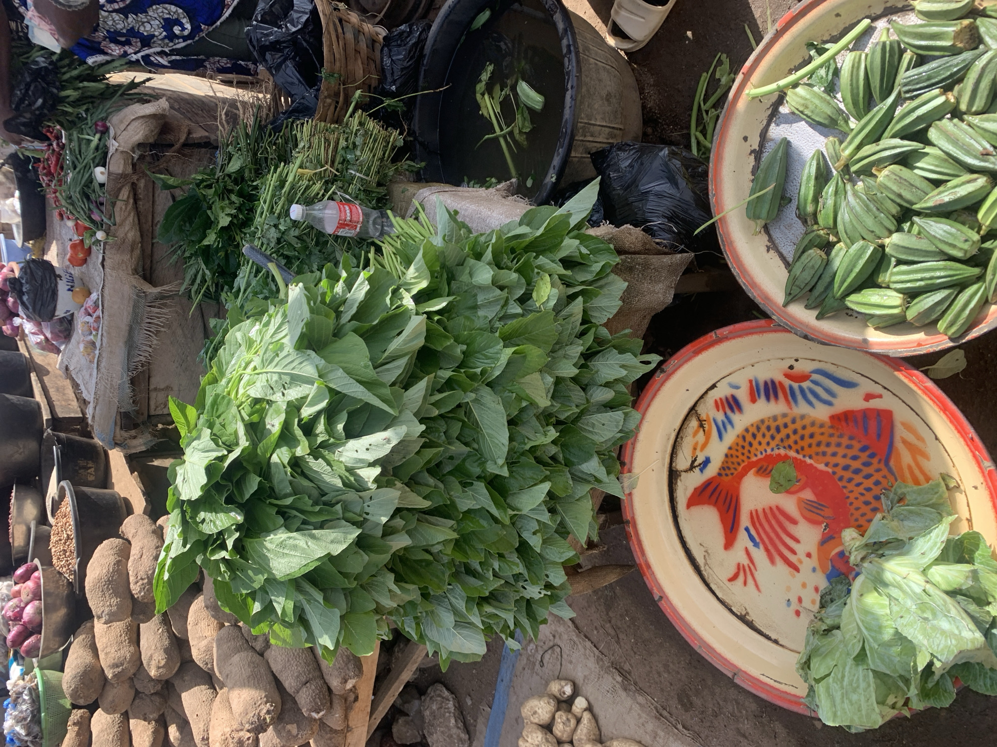 This image shows a vendor's display at a market, potentially in or near Rafin Par, Nigeria, featuring various produce items. A large pile of yams forms a base, topped with an assortment of fresh green leafy vegetables. Other produce includes okra, some submerged in a bucket of water. Additional items like onions and grains are also visible in containers. The goods are displayed in metal trays, one with a painted fish design.