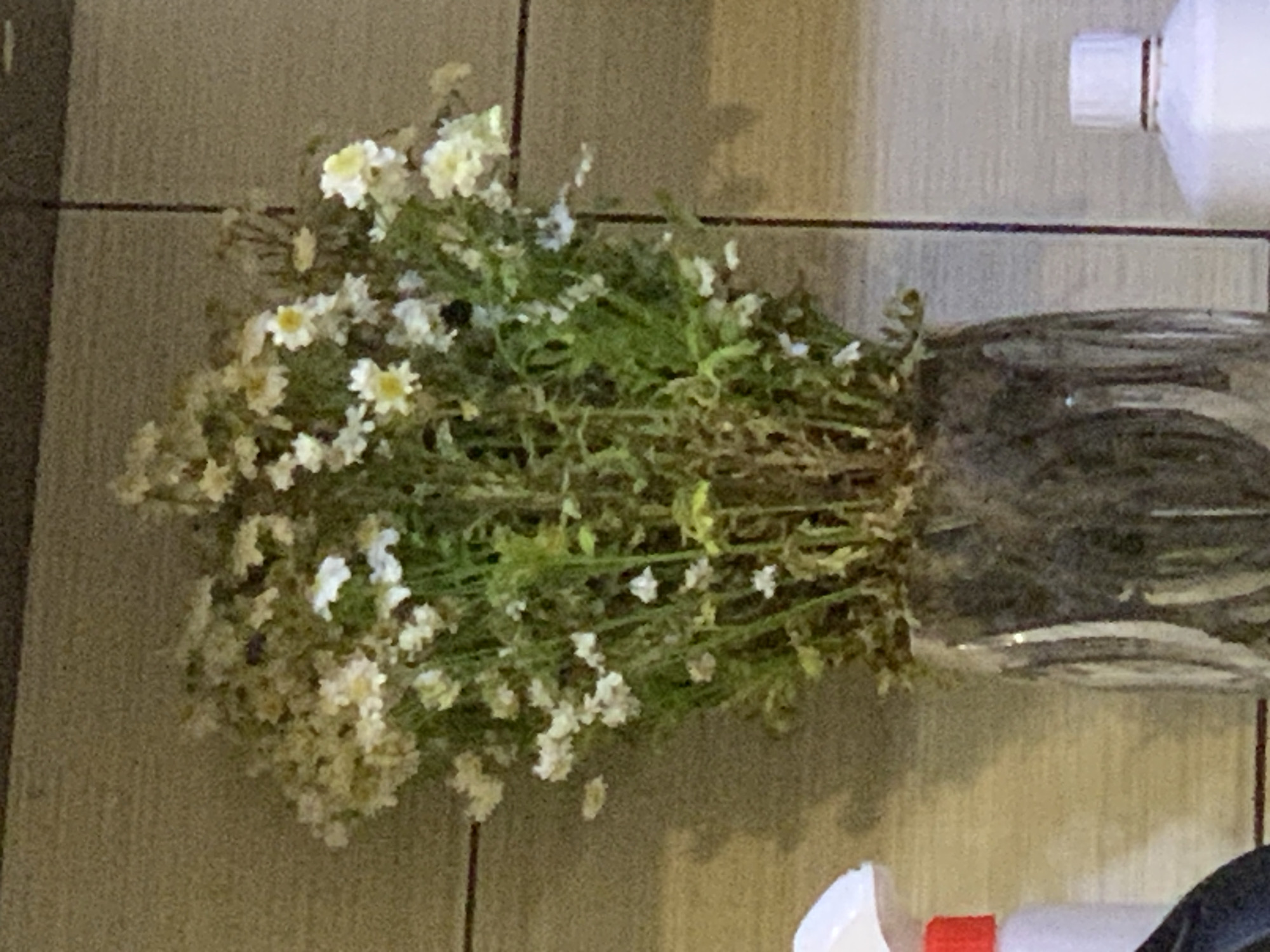 The image displays a bouquet of small white and yellow flowers in a dark, translucent vase. The flowers are dense and tall, with many thin stems and delicate petals. Some of the flowers are fully bloomed, while others appear to be in bud or wilting. The vase has a rough texture and appears to be made of dark glass or plastic. To the left of the vase, a white spray bottle with a red nozzle is partially visible. To the right, the top of a white bottle with a white cap is visible. The background consists of a tiled wall with a light brown, speckled pattern. A thin, dark vertical line, possibly a grout line, runs down the center of the tiled background. The scene appears to be indoors, possibly in a kitchen or bathroom, given the presence of cleaning supplies. There are no people or animals depicted in the image. The lighting suggests an indoor setting, with some shadows cast on the wall. The overall impression is one of a domestic setting with a floral arrangement and cleaning products.