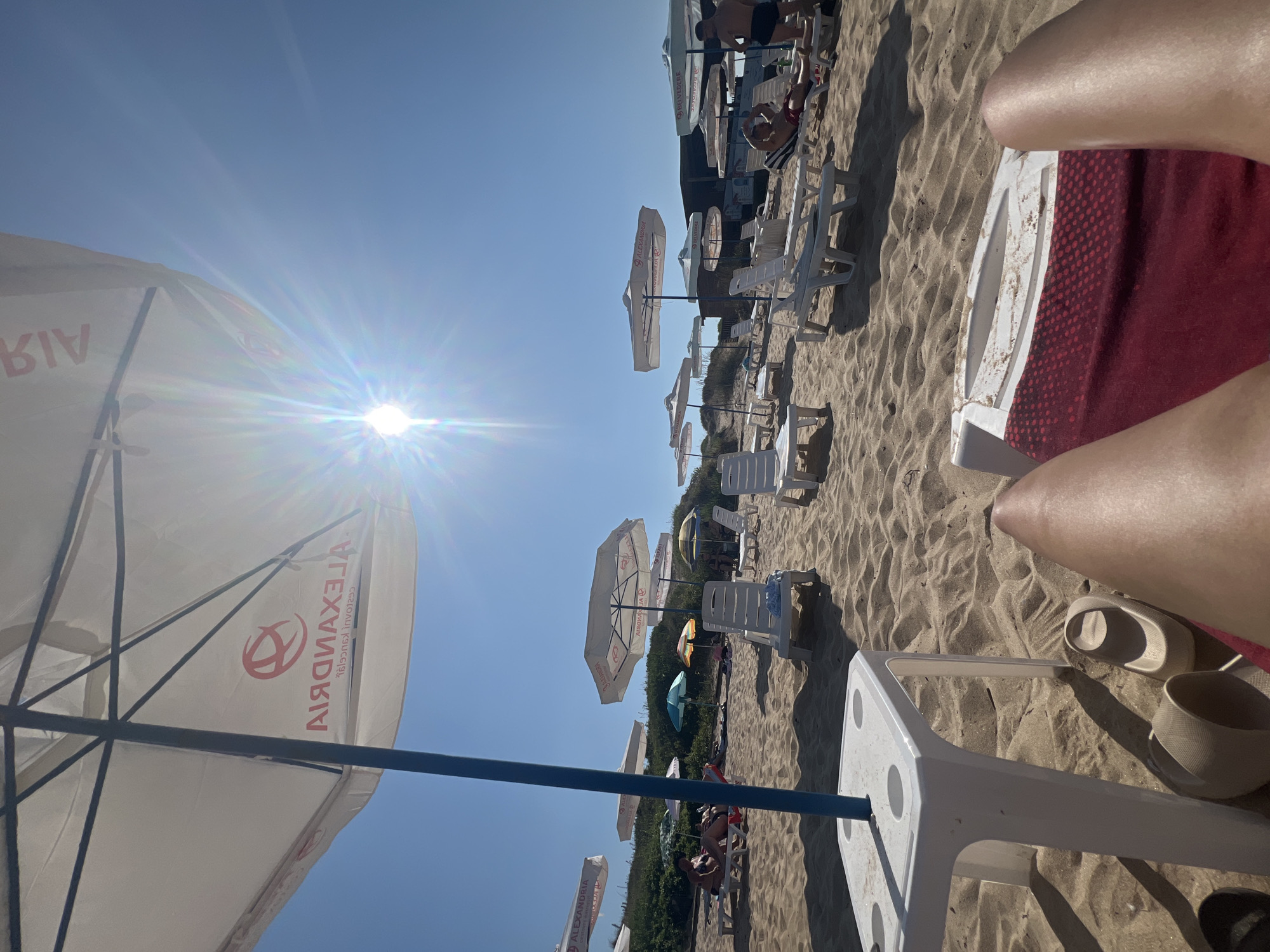 The image depicts a sunny day on a sandy beach in Primorsko, Bulgaria. In the foreground, a person's legs are visible, lying on a red towel placed on a lounge chair. To the left, a white plastic table with four cup holders is positioned on the sand, with a blue umbrella pole rising from its center. Scattered across the beach are numerous white and some colored lounge chairs and umbrellas. Several people are seen relaxing on the chairs or walking in the background. The sun is shining brightly, casting lens flare across the image and illuminating the clear blue sky. The beach is lined with vegetation and some structures in the distance, suggesting a resort or organized beach area.