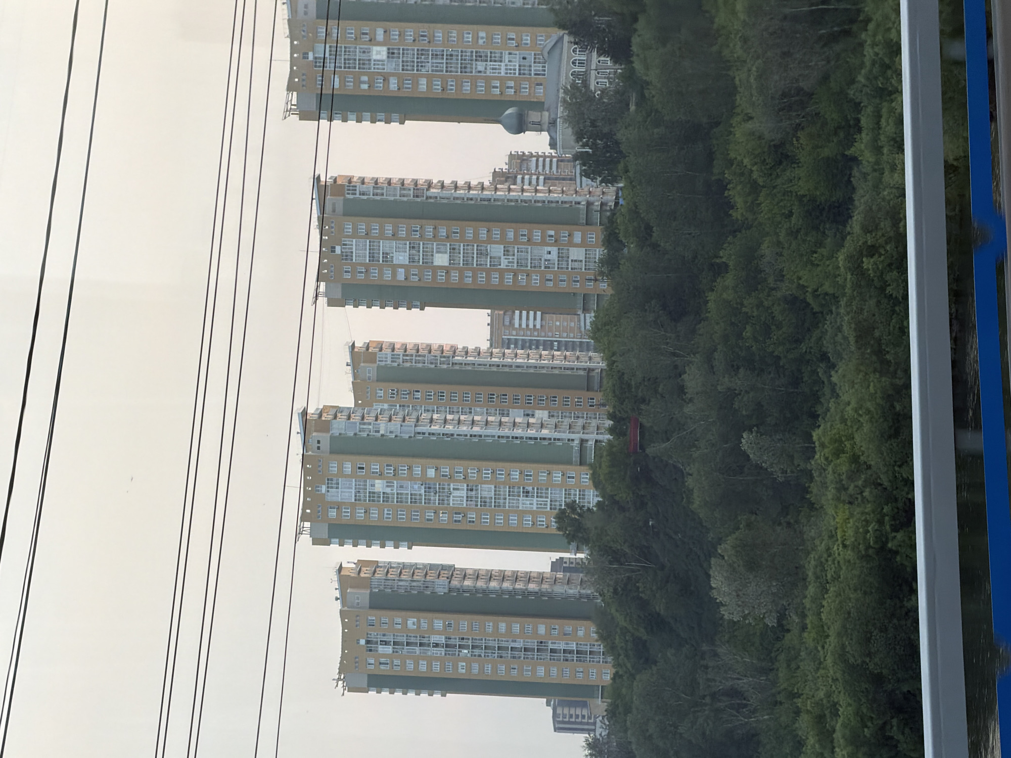 This is a landscape-oriented photograph taken from an elevated position, possibly a cable car, looking out over a cityscape and a densely wooded area. The image is dominated by tall, modern apartment buildings with light yellow and green facades, featuring numerous windows. These buildings appear to be arranged in a row, receding into the distance. The sky is overcast or hazy, suggesting either early morning or late afternoon, or potentially a day with poor air quality.
In the foreground, several dark, thin cables run diagonally across the frame, implying the viewpoint is from a mode of transport that uses such cables, like a cable car or a gondola lift. To the right of the apartment buildings, a thick, lush forest stretches out, its greenery contrasting with the man-made structures. The trees are densely packed and appear to cover a hillside.
One of the apartment buildings has a distinctive dome-shaped structure visible on its roof, possibly indicating a specific architectural style or a community feature. A small red structure is also visible amidst the trees, though its purpose is unclear. The overall impression is one of urban development encroaching on a natural landscape. The scene is quiet and still, with no visible people or specific activities. The location is identified as Krasnoyarsk, Russia.