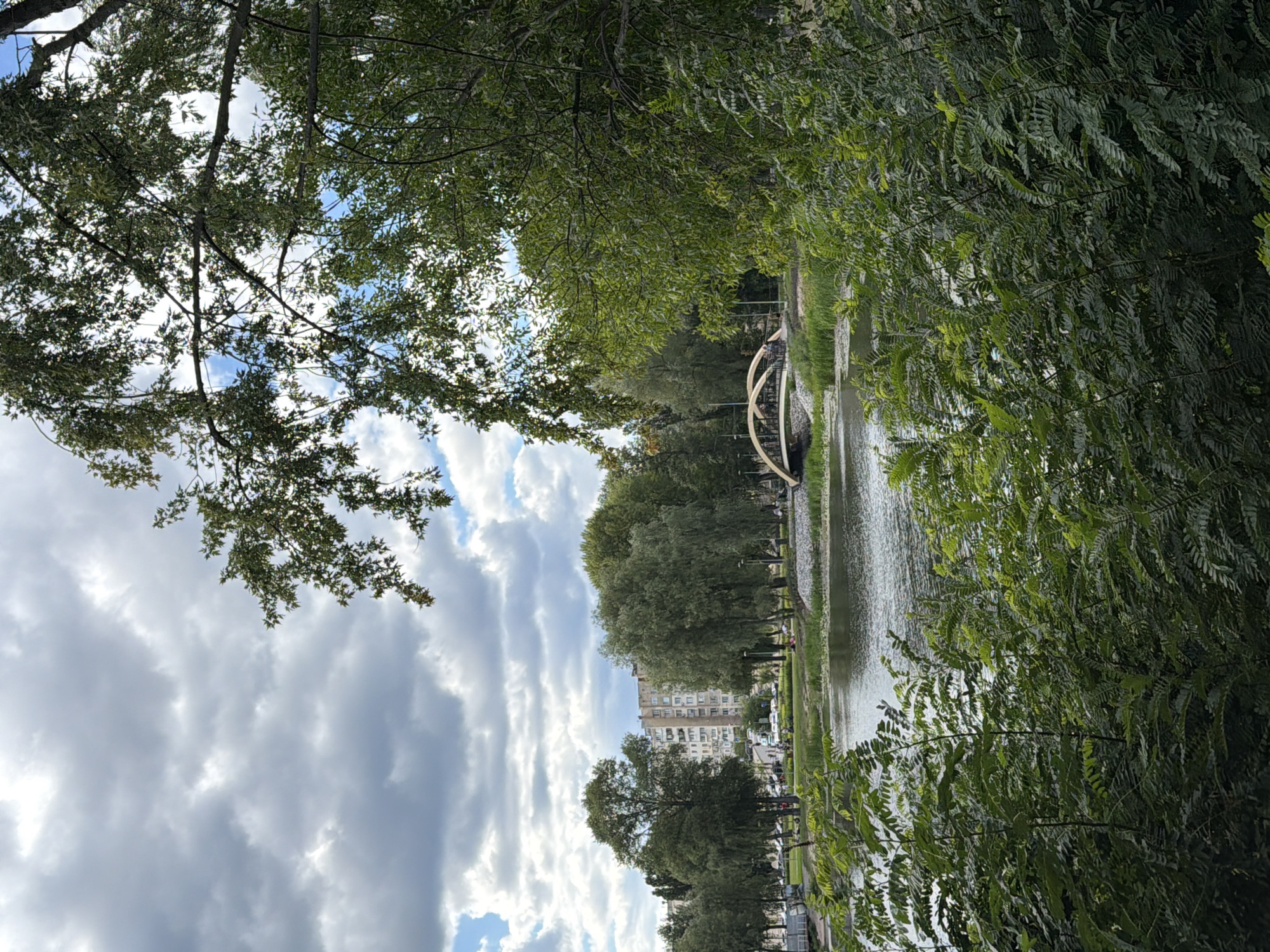 The image depicts a scene in Vyshhorod, Ukraine, with a focus on a tranquil body of water, likely a lake or river, bordered by lush green vegetation and trees. In the background, a modern multi-story building with a light-colored facade stands out amidst the greenery, suggesting an urban or suburban setting.
A distinctive arched pedestrian bridge spans the water, adding architectural interest to the landscape. The bridge appears to be constructed from a light-colored material, possibly wood or concrete, and its elegant curve is a prominent feature.
The sky above is partly cloudy, with a mix of dramatic gray clouds and patches of blue sky, indicating a dynamic weather pattern. The foreground is dominated by dense foliage, with branches and leaves of trees obscuring parts of the scene and creating a sense of depth and natural enclosure.
Several individuals are visible on the far bank of the water, some appearing to be sitting or strolling, enjoying the park-like environment. The water's surface reflects the sky and surrounding greenery, creating a shimmering effect. The overall impression is one of a peaceful, natural setting integrated within a developed area.