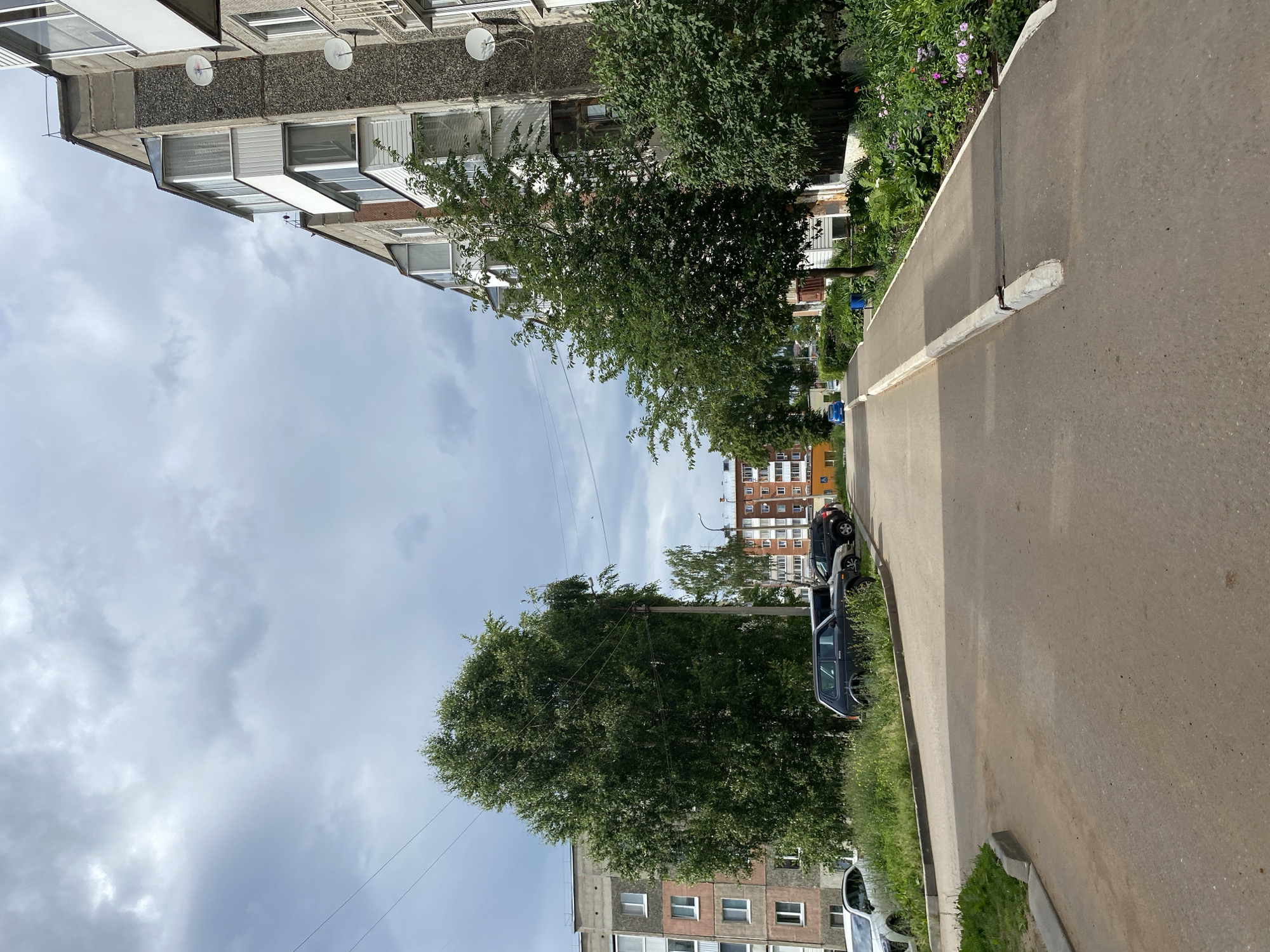 The image depicts an outdoor scene on a cloudy day, with the camera oriented vertically. In the foreground, a paved area with a concrete curb runs along the right side of the frame, leading into the distance. To the left of the paved area, a strip of green grass and foliage borders a building.
The building on the left appears to be a multi-story apartment complex with a grey facade and numerous windows, some of which are balconies. A large, leafy green tree extends from the left side of the frame, partially obscuring the building. Further in the background, other apartment buildings are visible, characterized by their brickwork and multiple windows. Several parked cars, including a dark-colored sedan and an SUV, are visible along the side of the road. A utility pole with electrical wires can be seen supporting the wires that stretch across the frame.
The weather appears overcast, with a significant amount of cloud cover obscuring the sky, suggesting it might be late morning or afternoon. The scene conveys a sense of a residential urban or suburban environment. No people are visible in the image. There is no visible text in the image. The location is Votkinsk, Russia.