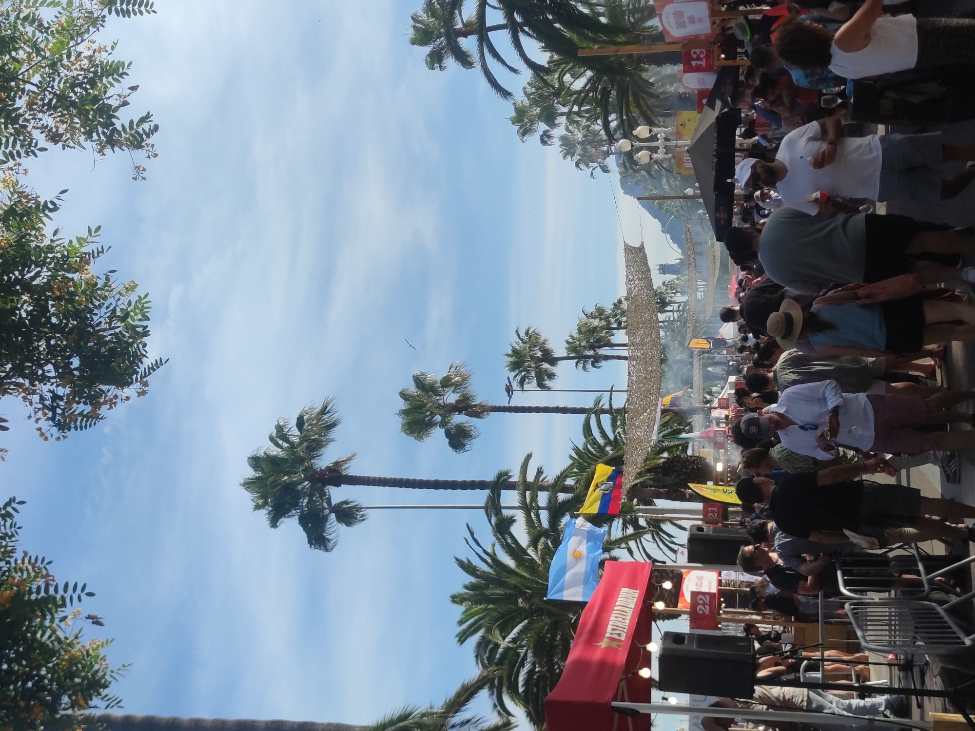 The image depicts an outdoor street market scene with a crowd of people. Palm trees are visible throughout the frame, suggesting a warm climate. Several flags are flown, including those of Argentina and Ecuador. Tents and stalls are set up, indicating vendors are selling goods. Some people are holding drinks and food, and there are speakers set up, possibly for music or announcements. The sky is blue with some clouds. The overall impression is of a lively festival or market event.