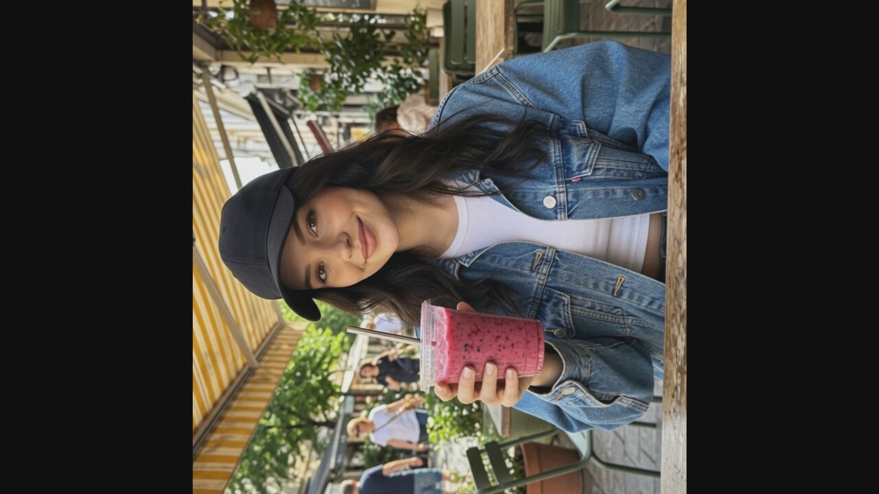 A young woman wearing a black baseball cap and a denim jacket holds a plastic cup filled with a pink smoothie in her right hand. She is seated at an outdoor cafe, with a wooden table in the foreground. In the background, several people are walking by, and there are tables and chairs of the cafe, along with some greenery and buildings. The woman is smiling at the camera.