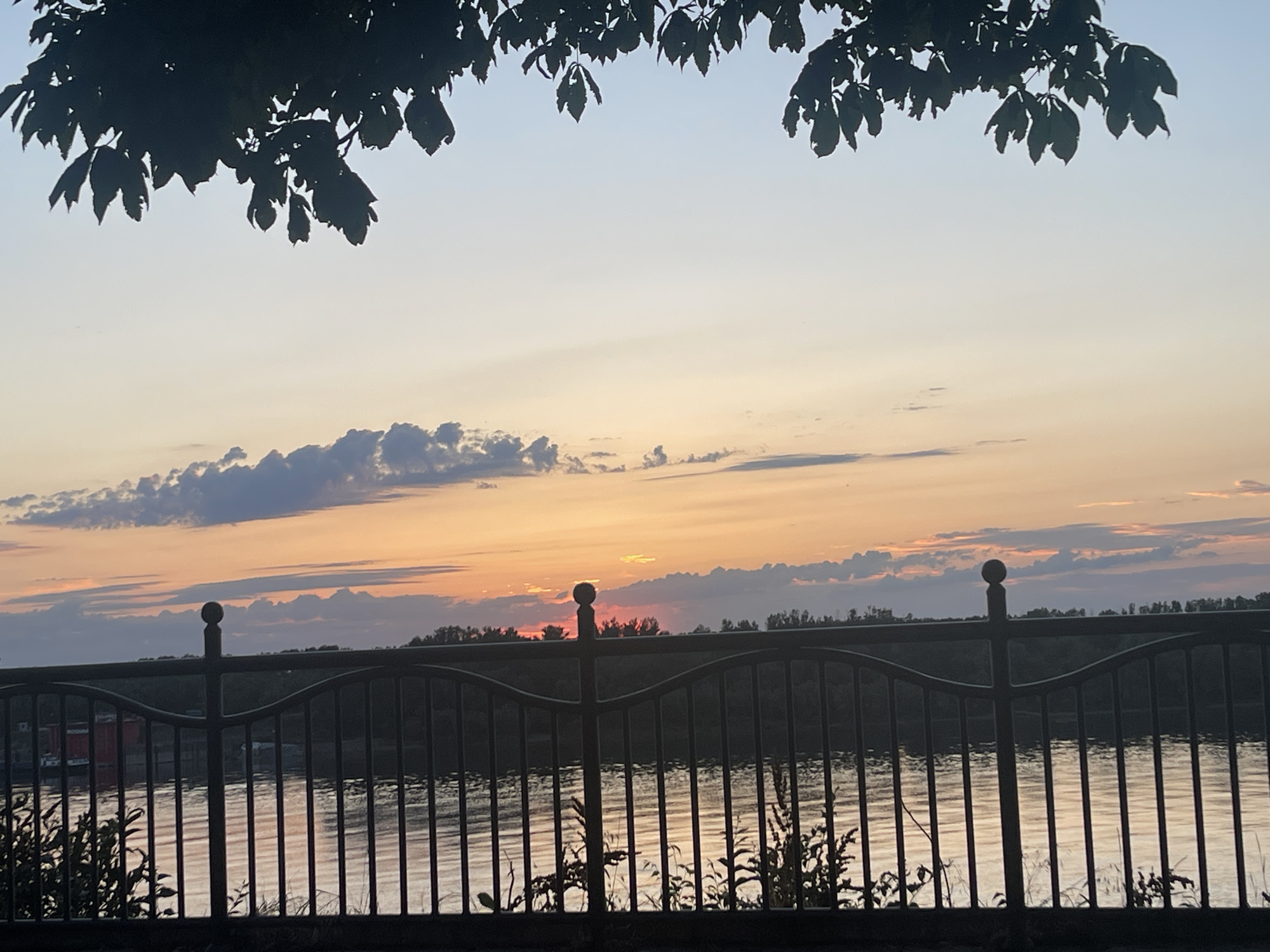 The image depicts a scenic view of the Danube River at sunset, as seen from a waterfront promenade in Ruse, Bulgaria. In the foreground, a dark metal fence with curved top railing and vertical bars obstructs the view of the river and the opposite bank. Sunlight filters through the branches of a tree in the upper portion of the frame, casting dark shadows. The sky displays a gradient of colors, transitioning from pale blue at the top to warm oranges and yellows near the horizon, where the sun is setting. Wispy clouds are scattered across the sky, reflecting the sunset's hues. The river's surface is calm, with gentle ripples catching the light, creating a shimmering effect. The opposite bank is lined with trees, and some structures are visible on the far shore, hinting at the presence of a town or city. The overall atmosphere is serene and picturesque, characteristic of a tranquil evening by the river.