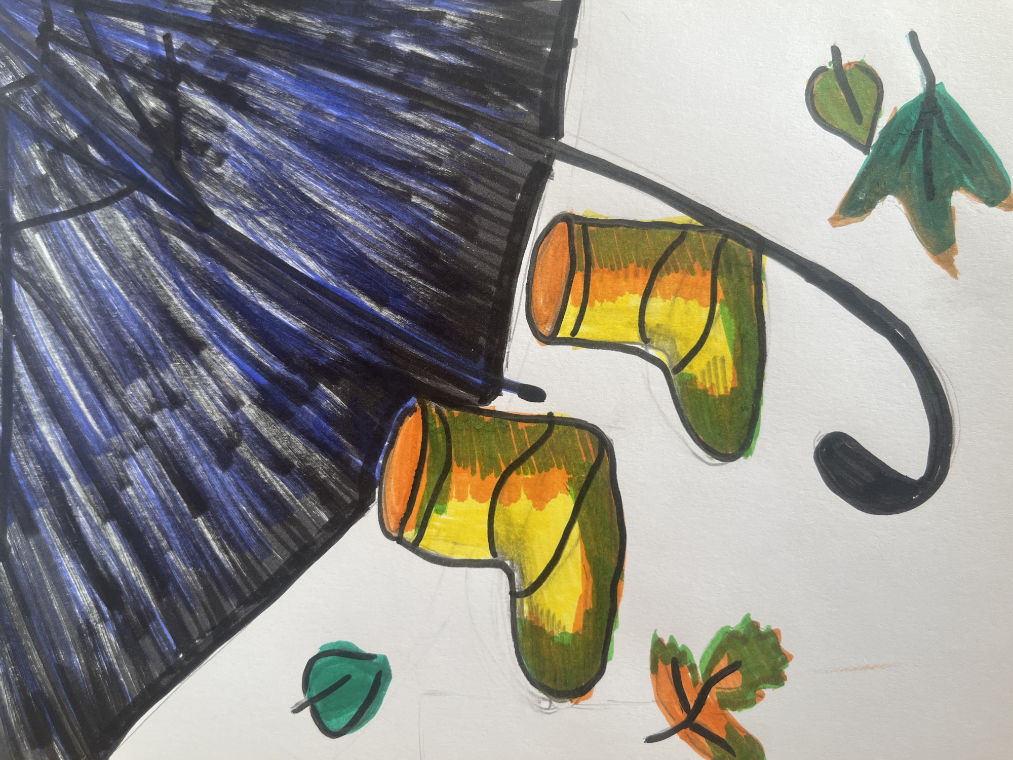 The image is a drawing on white paper, featuring a partially drawn black and blue umbrella. Below the umbrella are two yellow and green rain boots with orange tops. Scattered around the boots are drawings of fall leaves, one green, one orange and green, and another green. The scene is rendered in a sketch-like style with visible marker strokes. The image does not depict any specific location in the city of Kyiv, Ukraine, as it is an artistic rendering.