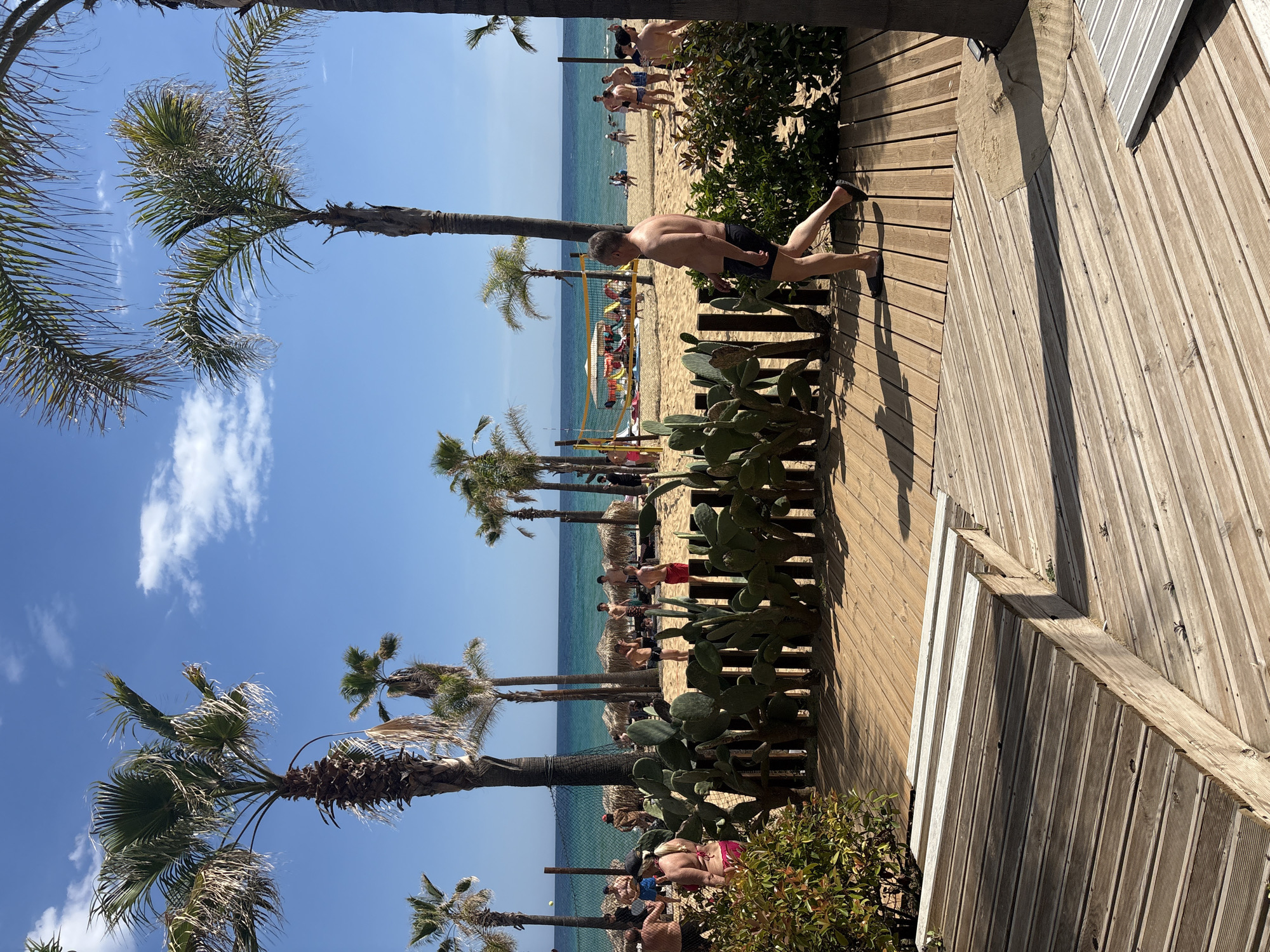 The image shows a beach scene in Nea Peramos, Greece. The view is partially obscured by a wooden boardwalk. On the beach, there are palm trees, sunbathers, and a volleyball net. A man in black shorts is walking along the boardwalk towards the beach. The sea is in the background with a clear blue sky above.