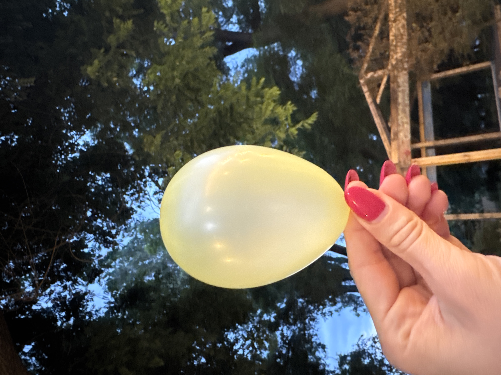 The image displays a low-light outdoor scene featuring a human hand holding a single pale yellow balloon. The hand, positioned in the lower-left foreground, has fingernails painted a vibrant magenta. The inflated balloon is elliptical, with a smooth, reflective surface. The background is composed of a dense canopy of trees, largely silhouetted and dark green, against patches of deep blue sky, indicating twilight or early evening conditions. In the lower-right background, a partially visible wooden structure, characterized by exposed rafters and weathered timber, resembles a pergola or gazebo. The scene is located in Plovdiv, Bulgaria.