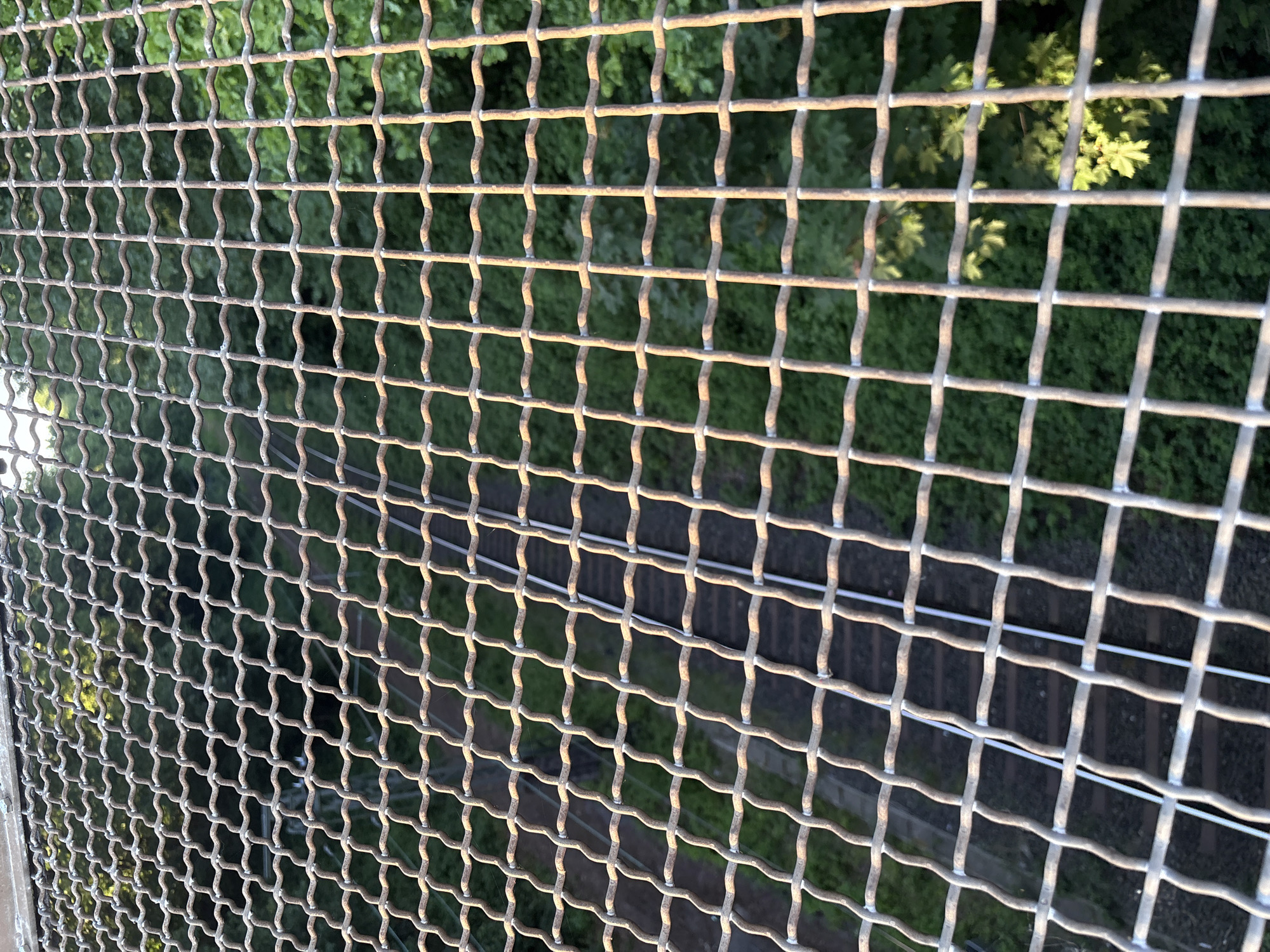 The image is taken through a wire fence, focusing on the mesh pattern. Behind the fence are railway tracks and dense green foliage, suggesting a location near a railway line in a wooded area. The lighting indicates it is daytime. The location is in Mönchengladbach, Germany.