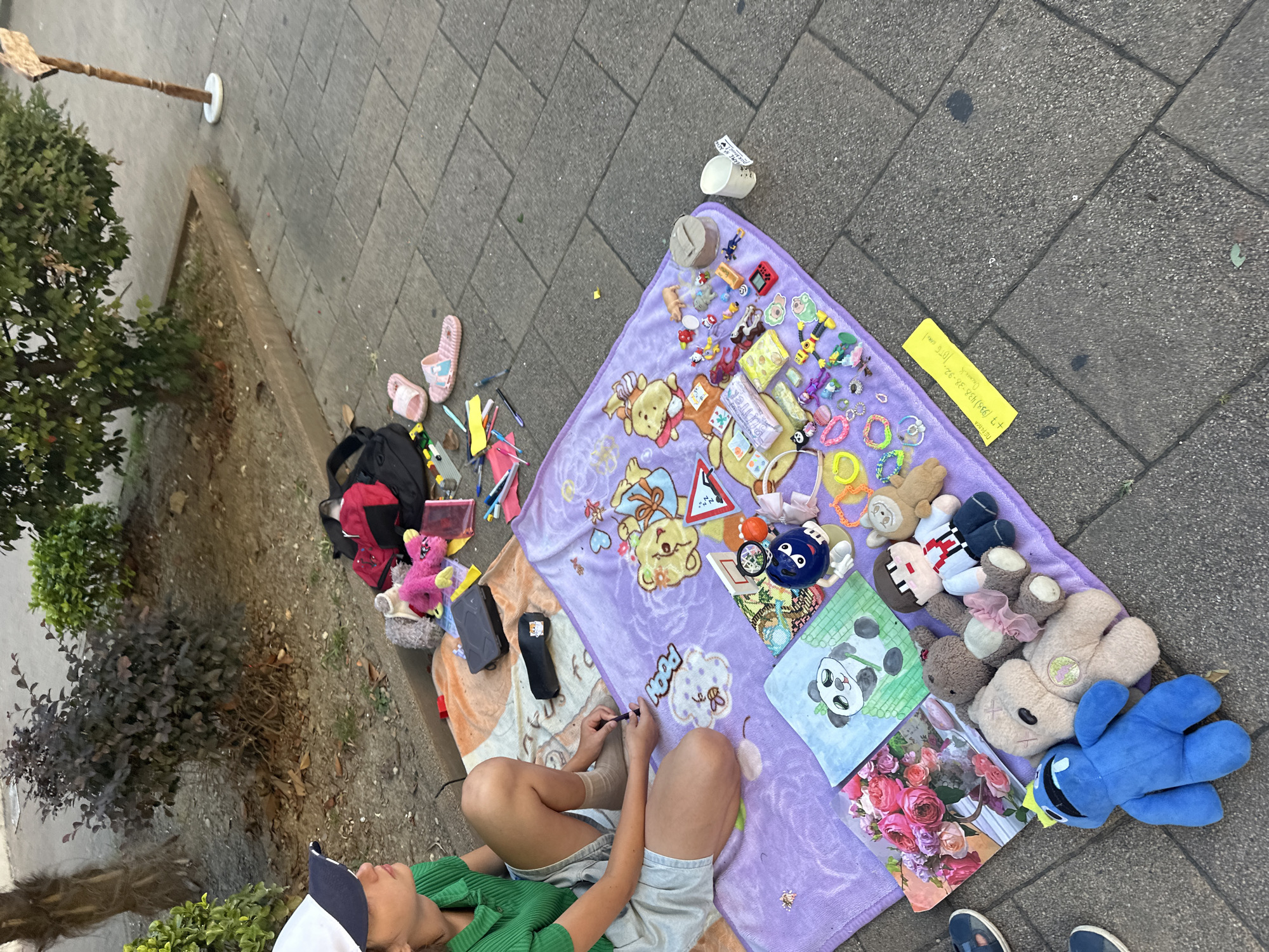 The image depicts a young person wearing a green shirt and a white and blue cap, sitting on a purple blanket spread on a paved walkway. The person is looking to the left, and their hands are holding something small. Various items are laid out on the blanket, including stuffed animals, drawings, small toys, and bracelets. A pink stuffed toy and a red backpack are visible near a low wall behind the blanket. The walkway appears to be made of concrete pavers. In the background, there are trees and bushes, and a wooden post with a white circular base. A yellow piece of paper with handwritten text and numbers is placed on the blanket near the bottom right. The scene suggests a street vendor or a child selling or displaying their belongings. Given the setting and the presence of palm trees and lush greenery, this location is consistent with an outdoor public space in Sochi, Russia, likely a promenade or sidewalk near a park or residential area.