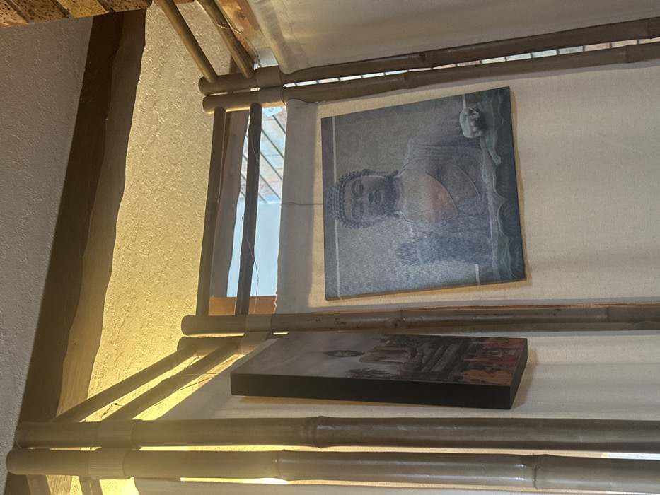 An interior scene in Torcy, France, displays a decorative room divider constructed from light-brown bamboo poles. The bamboo framework is visible in the foreground, forming vertical and horizontal segments. Within the frame, light-colored fabric panels are hung, with two artworks featuring Buddhist iconography suspended on threads.
The prominent artwork on the right depicts a seated Buddha figure in a monochrome palette with a subtle orange hue on the chest and a greenish base. The Buddha's right hand is raised in a gesture. Partially visible on the left is another framed artwork, showing a different Buddha figure in a similar style.
Above the bamboo structure, a textured, light-colored ceiling is visible, illuminated by a warm, yellow light source from the upper left. A dark wooden beam runs horizontally across the upper portion of the frame, underneath the ceiling. To the far right, a section of a reddish-brown brick wall is apparent. No individuals are present in the image.