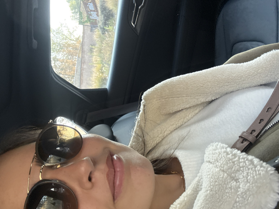 A person wearing sunglasses and a jacket with a cream-colored, fluffy lining is shown in a close-up, angled view. The person is positioned inside a vehicle. The car's interior is visible, with a window showing blurred scenery and greenery outside. The person is partially reclined, appearing relaxed or possibly sleeping. A small part of a seat and seatbelt are also visible in the background.