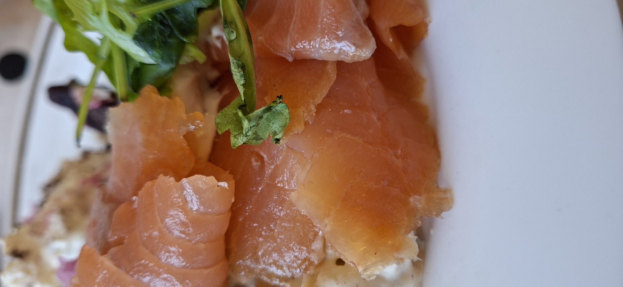 This media file is a close-up, rotated shot of a dish featuring smoked salmon and greens. The salmon slices are a vibrant orange-pink, thinly cut, and appear slightly translucent, overlapping each other. A sprig of fresh green herb, possibly dill or parsley, is nestled among the salmon. Beneath the salmon, a white creamy base is visible, which appears to be part of a larger dish, possibly a canapé or appetizer. There are hints of other ingredients mixed into the creamy base, appearing as small pinkish flecks, which could be red onion or pickled vegetable. The dish is presented on a white surface, likely a plate or serving dish, with the edge of the white surface visible on the right side of the image. The background is blurred, with a black circular shape visible on the far left, which could be part of the setting, like a decorative element or a stray object. The lighting suggests it is daytime, as there are bright highlights on the salmon. The focus is entirely on the food, highlighting its texture and freshness. The image is cropped to a detail, giving the viewer an intimate look at the components of the dish. No people or explicit scene details beyond the food itself are discernible. The overall impression is one of a fresh, appetizing culinary presentation. Given the location context of Lahti, Finland, this could be a dish enjoyed at a restaurant, cafe, or a private gathering in Finland.