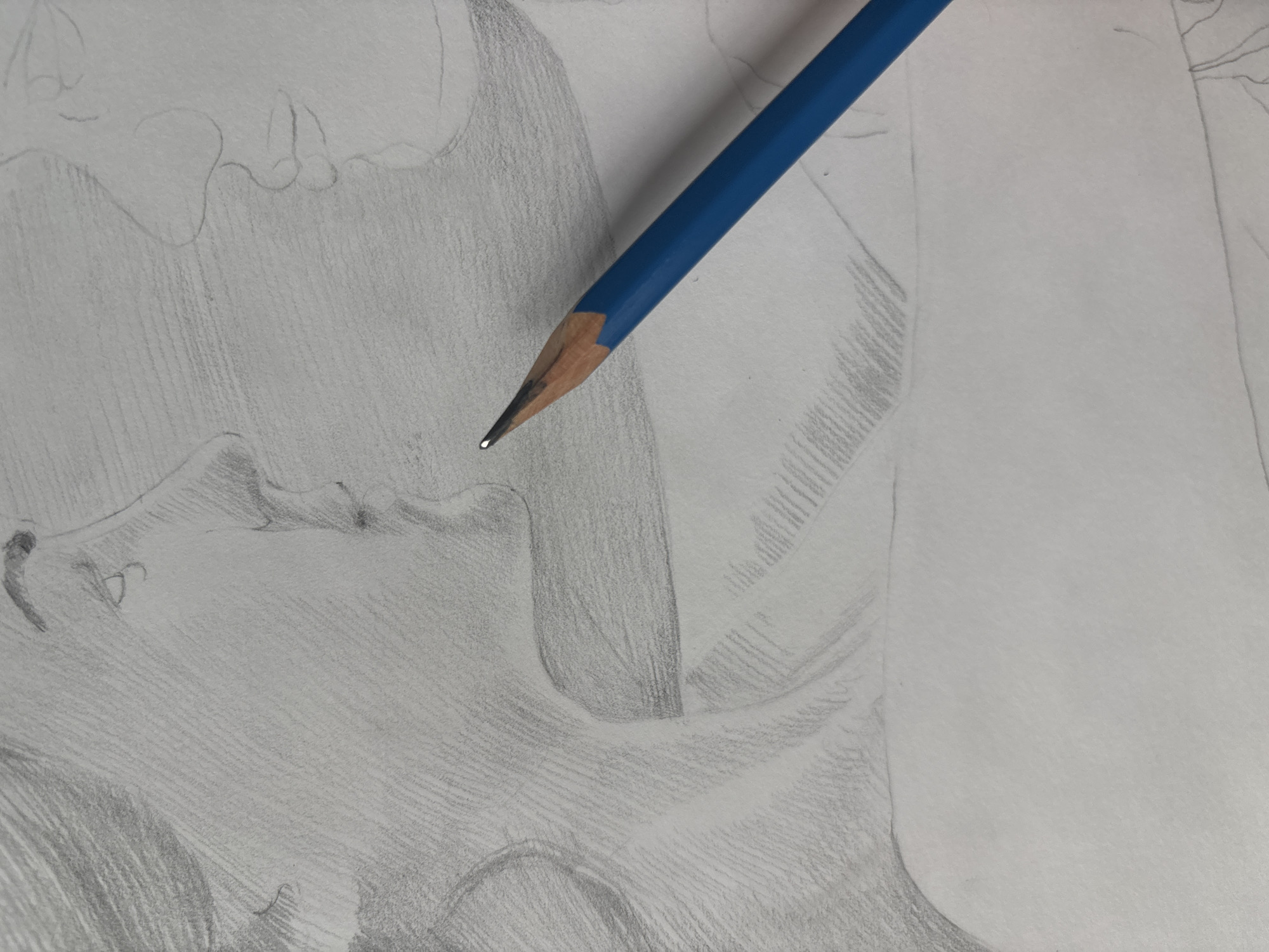 A close-up photograph shows a pencil laying on a sketch. The sketch appears to be a portrait, though the details are incomplete and mostly consist of shading with a pencil. The pencil is blue and sharpened, with its tip resting on the paper. The setting is unclear, and there is no indication of a location in Choeng Thale, Thailand.