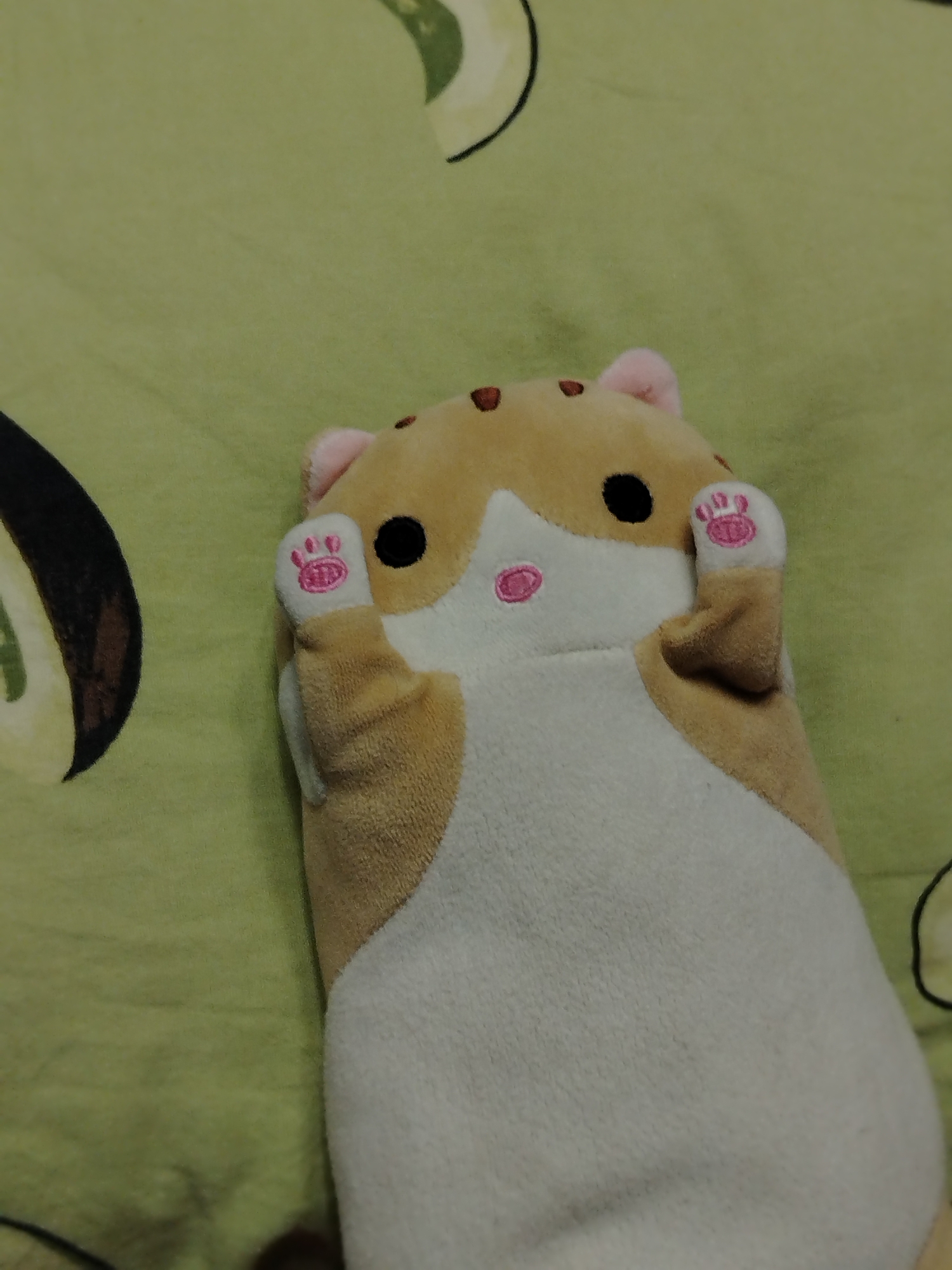 The image shows a plush toy resembling a cat, lying on a green fabric with an avocado print. The toy is light brown and white, with pink details on its ears, paws, and nose. The paws are raised near the face. The city of Izhevsk, Russia is not discernible from the image.