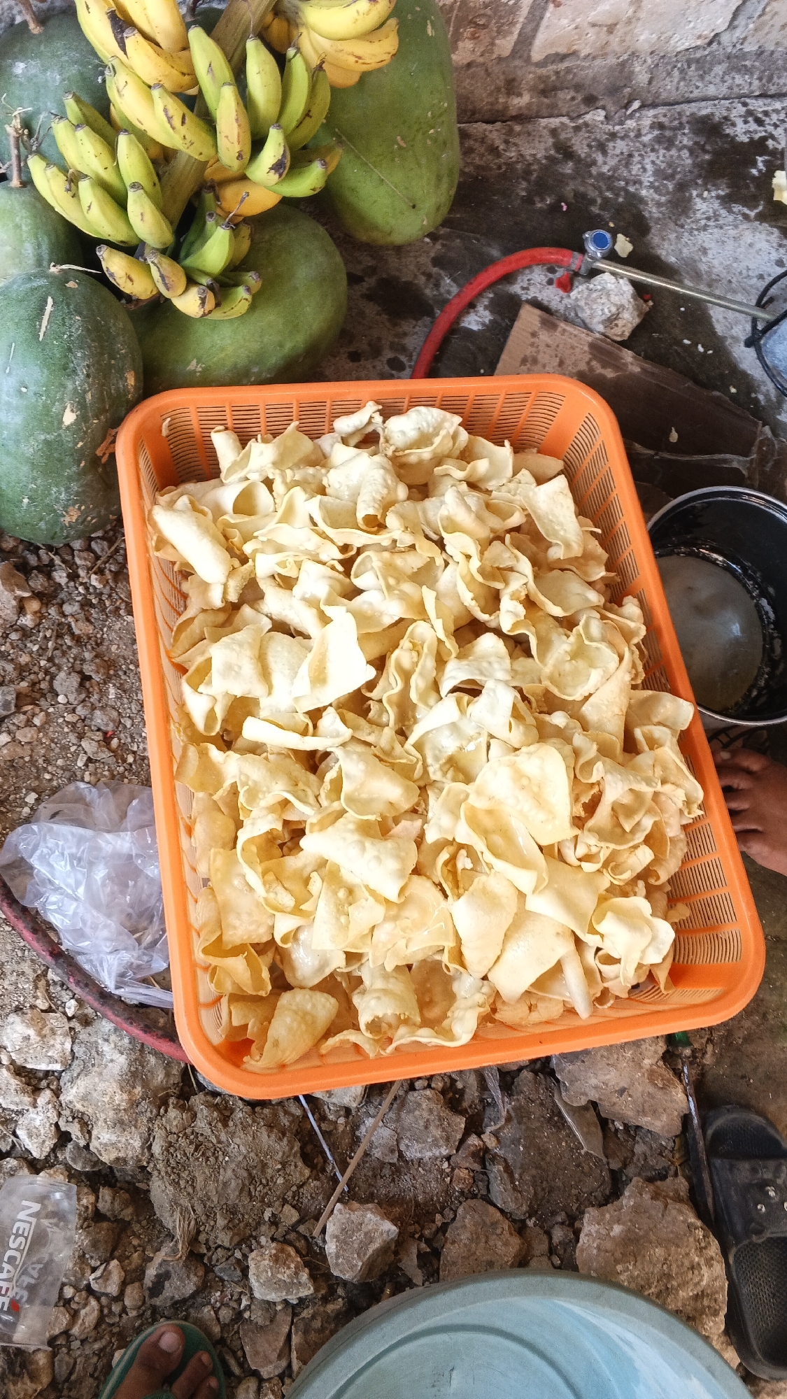 In the city of Soko, Indonesia, an outdoor scene displays a variety of food items and everyday objects. In the foreground, an orange plastic basket is filled with numerous golden-brown fried snacks, possibly crackers or chips, exhibiting a crumpled, irregular texture. To the left of the basket, a bunch of unripe green bananas and a few ripe yellow bananas are visible, nestled amongst large, dark green, gourd-like fruits. The ground is uneven, covered with dirt, small stones, and debris. A clear plastic bag lies crumpled on the ground near the basket. Further back, a red hose with a blue connector is partially visible. To the right of the basket, a dark pot or container sits on the ground, with what appears to be liquid inside. The scene suggests an informal, possibly domestic or market setting, with elements of food preparation or display.