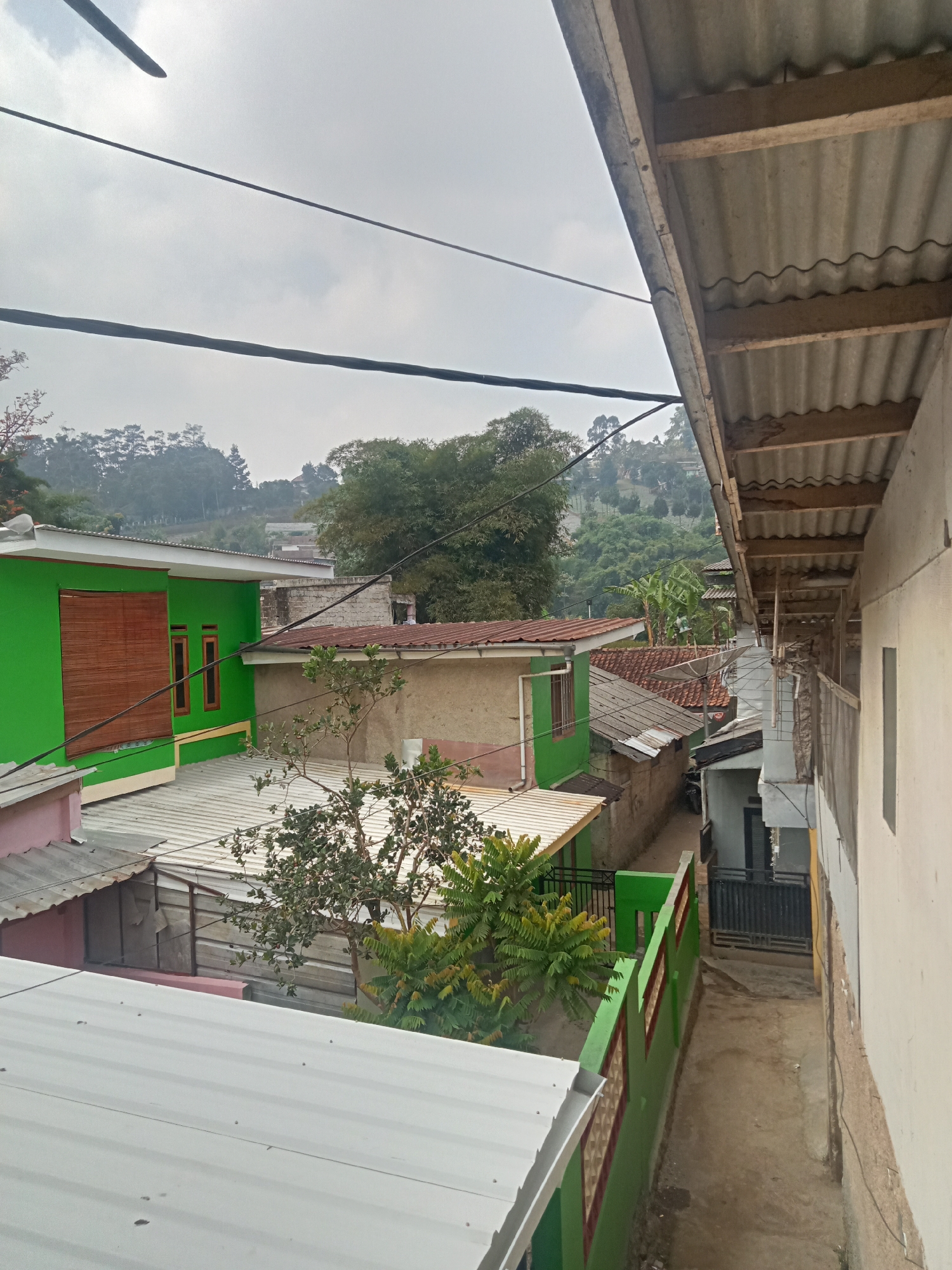 This image depicts a view of a residential area, likely in a hilly region, given the background of densely wooded slopes. The foreground is dominated by the corrugated metal roofs of several houses. To the left, a brightly painted green house with a bamboo-slatted window and two small, dark-framed windows is visible. Adjacent to it, a pink-fronted structure and a more subdued building with a light-colored facade and a red-tiled roof are present. A narrow, unpaved alleyway runs between the houses, bordered by a green wall with decorative red accents on the left. In the background, a variety of trees and buildings can be seen, with the landscape rising in the distance. Utility wires are strung across the frame, obscuring parts of the sky, which appears overcast. The scene suggests a somewhat dense and informal housing development.
