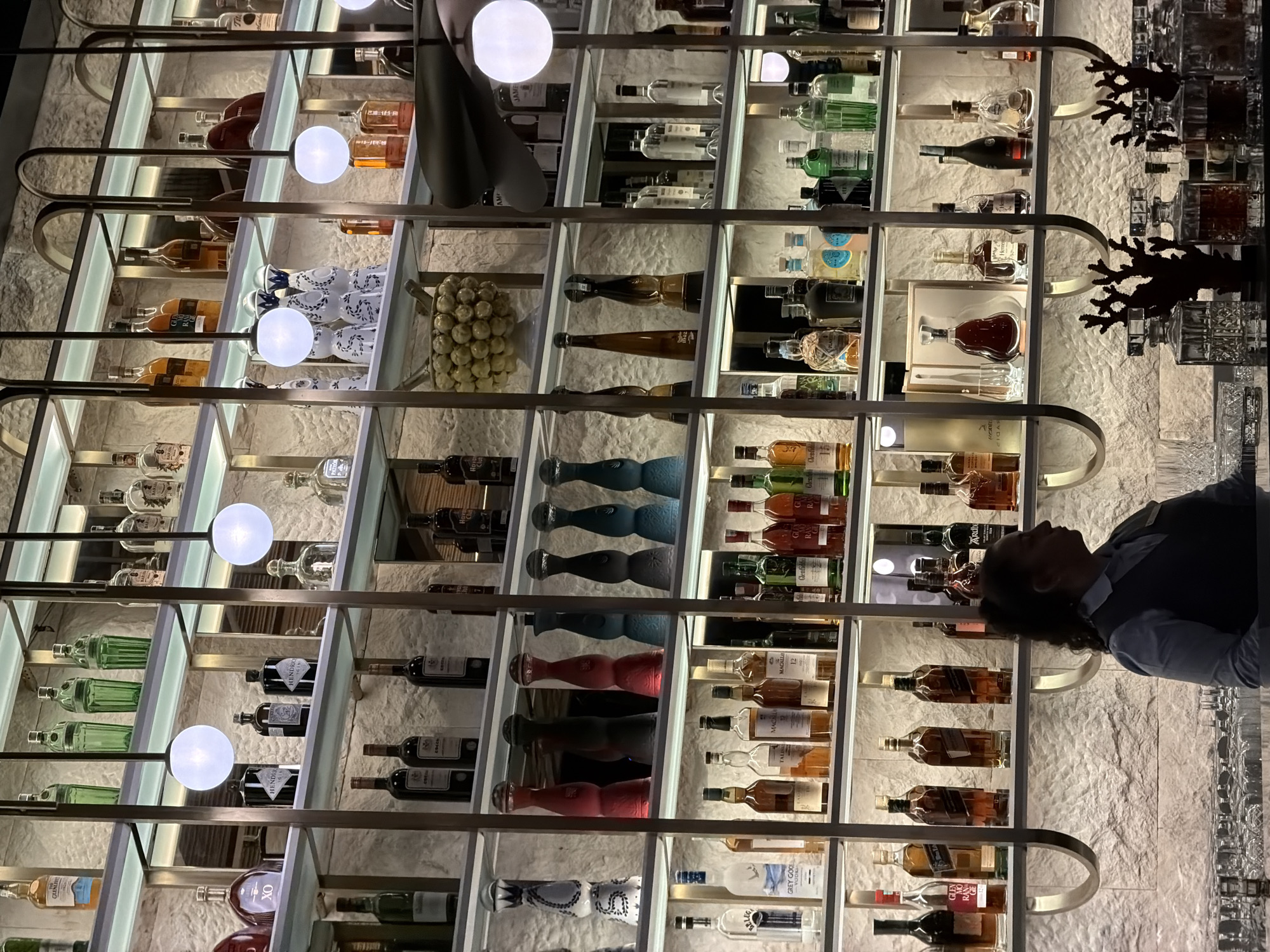 The image depicts a well-lit bar interior with a wide array of alcoholic beverages displayed on multiple tiered shelves. The shelves are made of glass and are illuminated from below, creating a soft glow. The backdrop is a textured stone wall.
On the shelves, numerous bottles of various shapes, sizes, and colors are arranged, including liquors, wines, and spirits. Many bottles are partially obscured by the shelving structure and the lighting. Notable items include what appear to be bottles of whiskey, gin, vodka, and cognac. Some bottles have distinctive labels and shapes. In the foreground, a woman in a dark vest and blue shirt is standing behind a bar counter, looking to the right. The bar counter itself is lined with glassware. Decorative elements, such as a coral-shaped sculpture and various decanters, are also visible on the bar.
The scene suggests a professional bar or liquor store environment. While Budva, Montenegro is mentioned as the location, there are no specific visual cues in the image that definitively confirm this location.