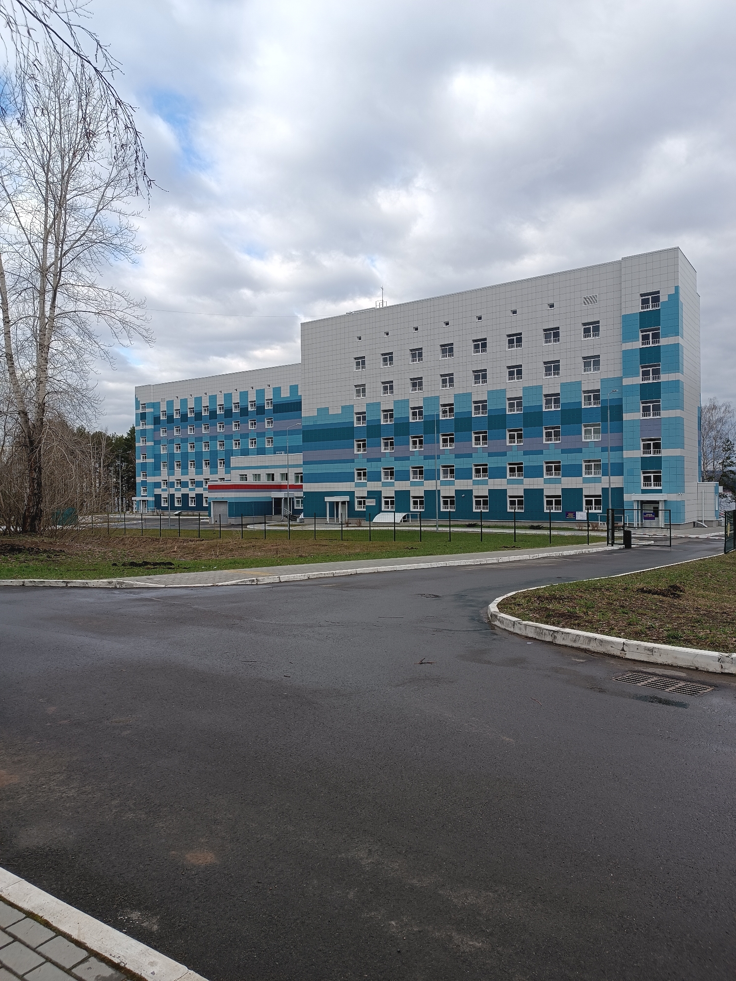 The image captures a large, multi-story building with a distinctive facade under an overcast sky in Chaikovsky, Russia. The building, likely a hospital or public institution, features a striking design with a combination of light grey panels on the upper stories and a dynamic pattern of varying shades of blue and white panels on the lower and central sections. This blue pattern creates a wavy or pixelated effect across the building's exterior. Numerous windows, mostly rectangular and uniformly spaced, are visible across all floors. Some windows on the lower blue sections have white frames and railings. A red-accented entrance area is visible towards the left side of the main building structure.
In the foreground, a dark asphalt road curves around from the left to the right, bordered by a white concrete curb. Patches of sparse, light green grass and exposed soil are present between the road and a black metal fence that runs parallel to the building. Beyond the fence, leafless trees and shrubs, indicative of late autumn, winter, or early spring, stand to the left and behind the building, suggesting proximity to a wooded area or park. The sky is largely covered by grey and white clouds, with hints of brighter blue showing through in some spots, creating a soft, diffused light. There are no people visible in the scene, and no specific activity is taking place. The overall impression is one of a newly constructed or well-maintained facility situated within a semi-natural environment. Some barely legible text, likely in Cyrillic, is visible on a sign near one of the building's entrances. A drain grate is also visible near the curb on the right side of the road.