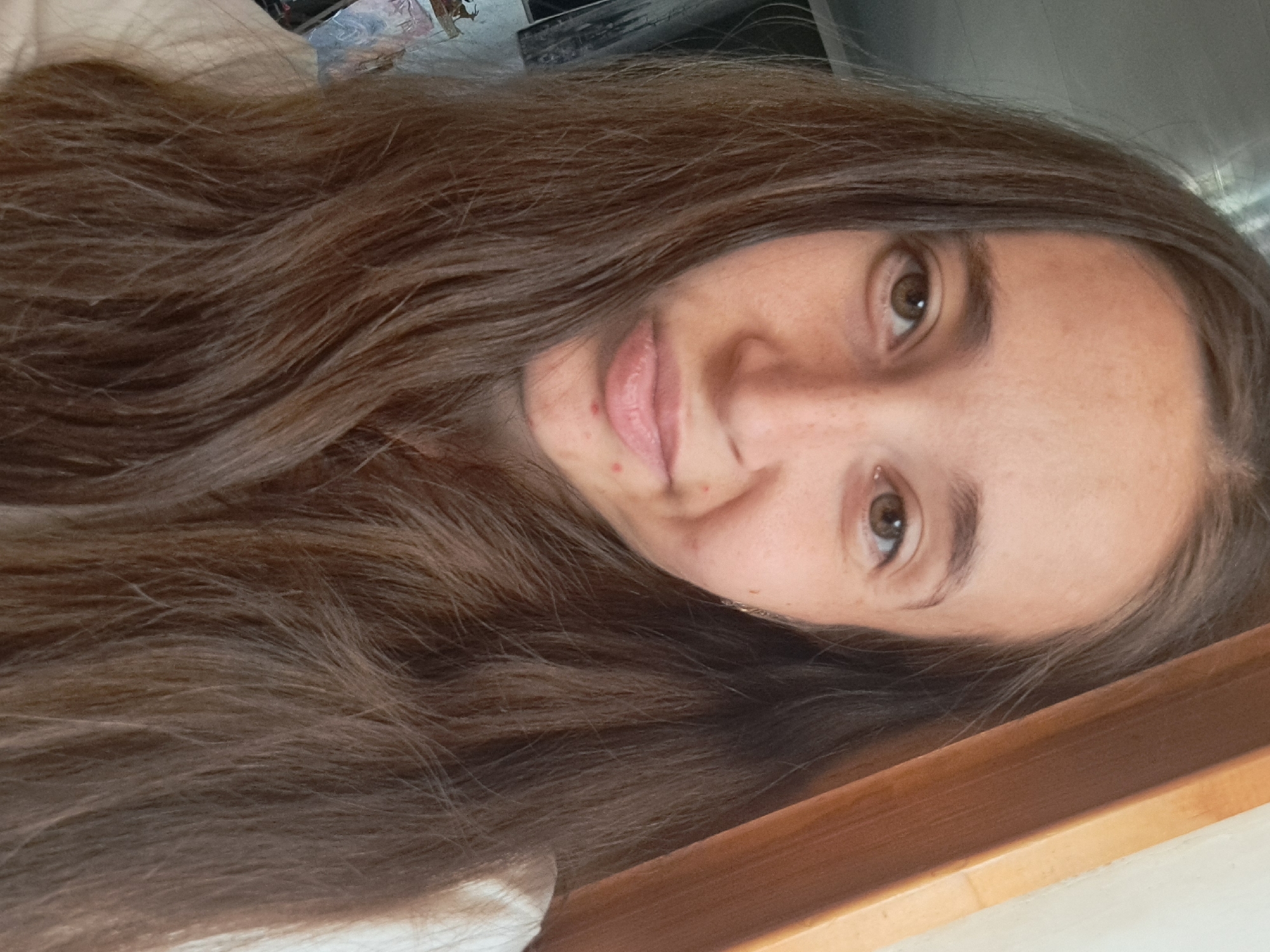 A close-up, medium shot shows a young woman with long, dark brown hair and fair skin, looking directly at the camera. She is positioned slightly off-center to the right. Her hair is parted down the middle and falls around her face and shoulders. Her expression is neutral, with her lips slightly pursed. She has light brown eyes and a smattering of freckles across her nose and cheeks. There are a few small blemishes on her chin. She is wearing a light-colored top. The background is out of focus, but a wooden beam or frame is visible on the right side of the image, and a blurred object resembling a painting or poster is on the left. The lighting appears to be natural, coming from the right.